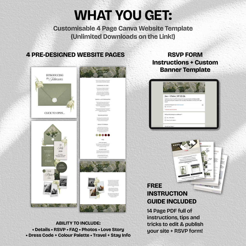 Green Tone Floral Wedding Website Template with RSVP: Editable Canva Design (Digital Download)