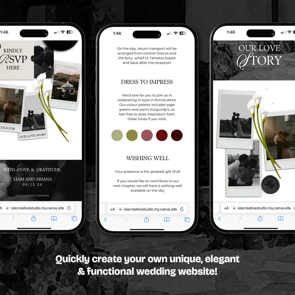 Ivory & Black Minimal Floral Wedding Website Template with RSVP: Editable Canva Design (Digital Download)
