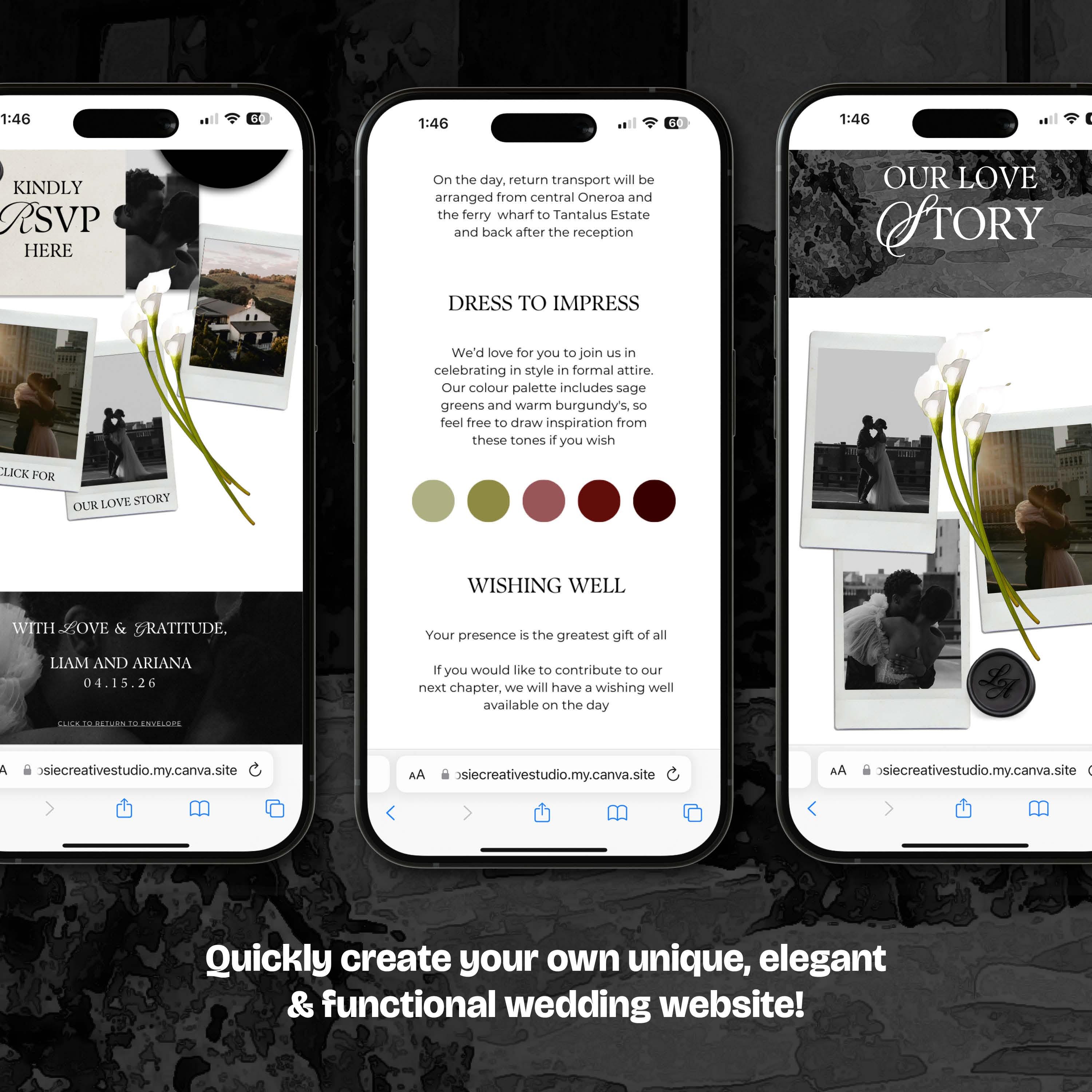 Ivory & Black Minimal Floral Wedding Website Template with RSVP: Editable Canva Design (Digital Download)