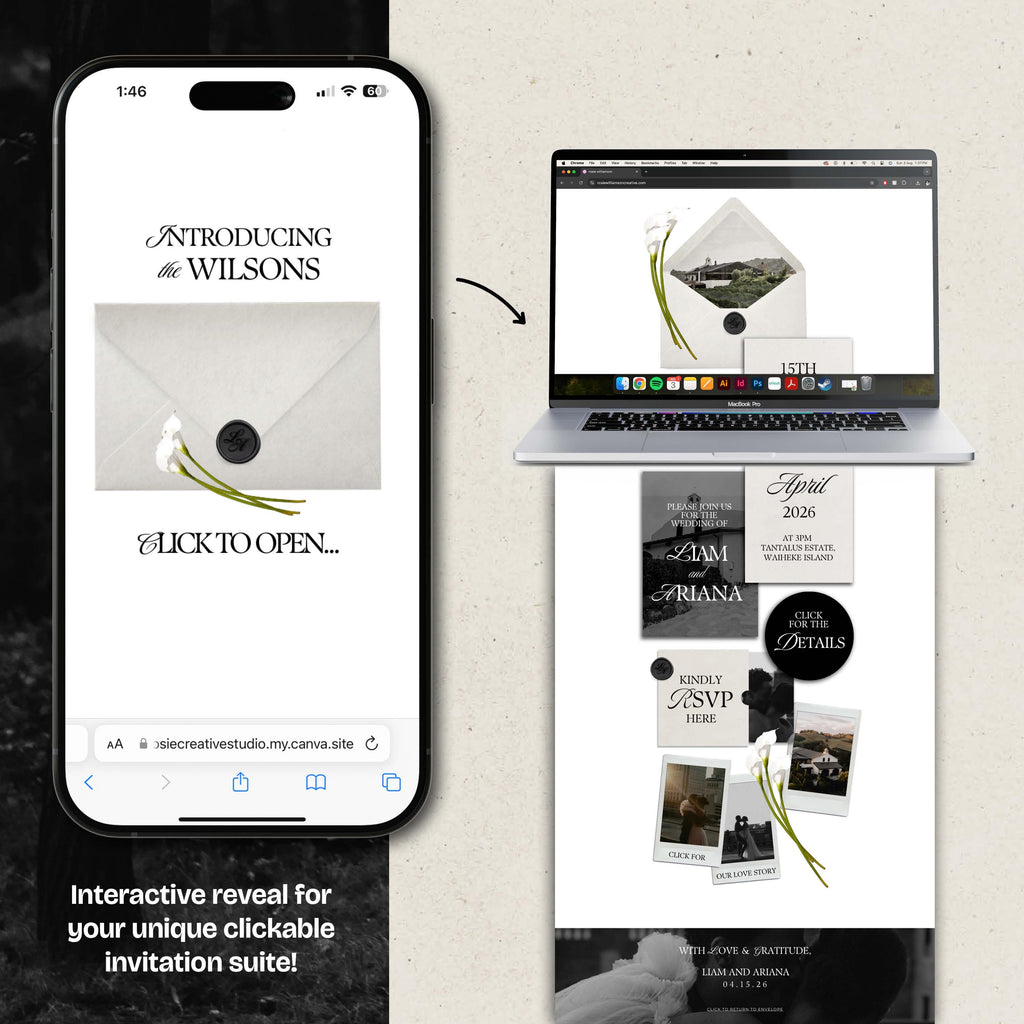 Ivory & Black Minimal Floral Wedding Website Template with RSVP: Editable Canva Design (Digital Download)