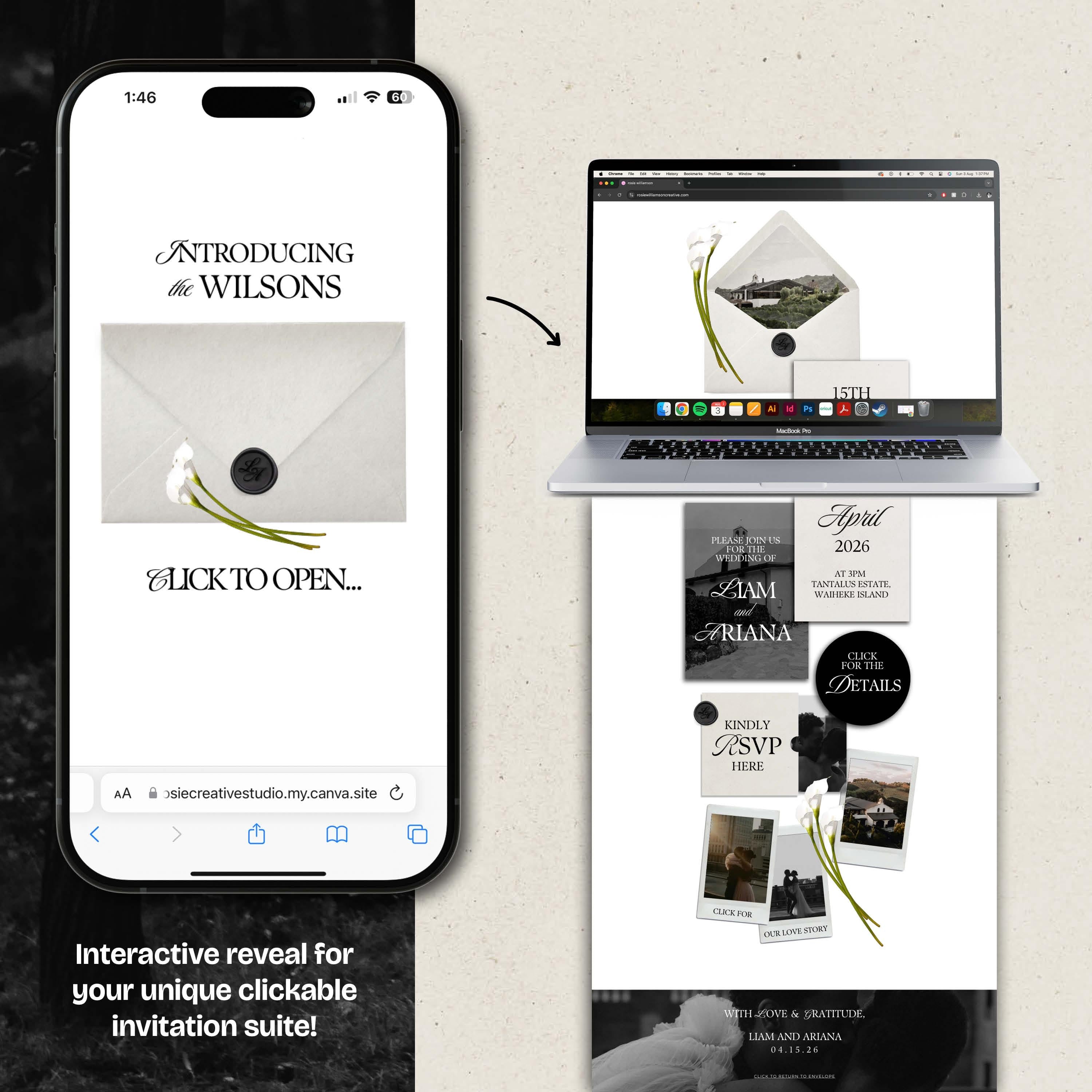 Ivory & Black Minimal Floral Wedding Website Template with RSVP: Editable Canva Design (Digital Download)
