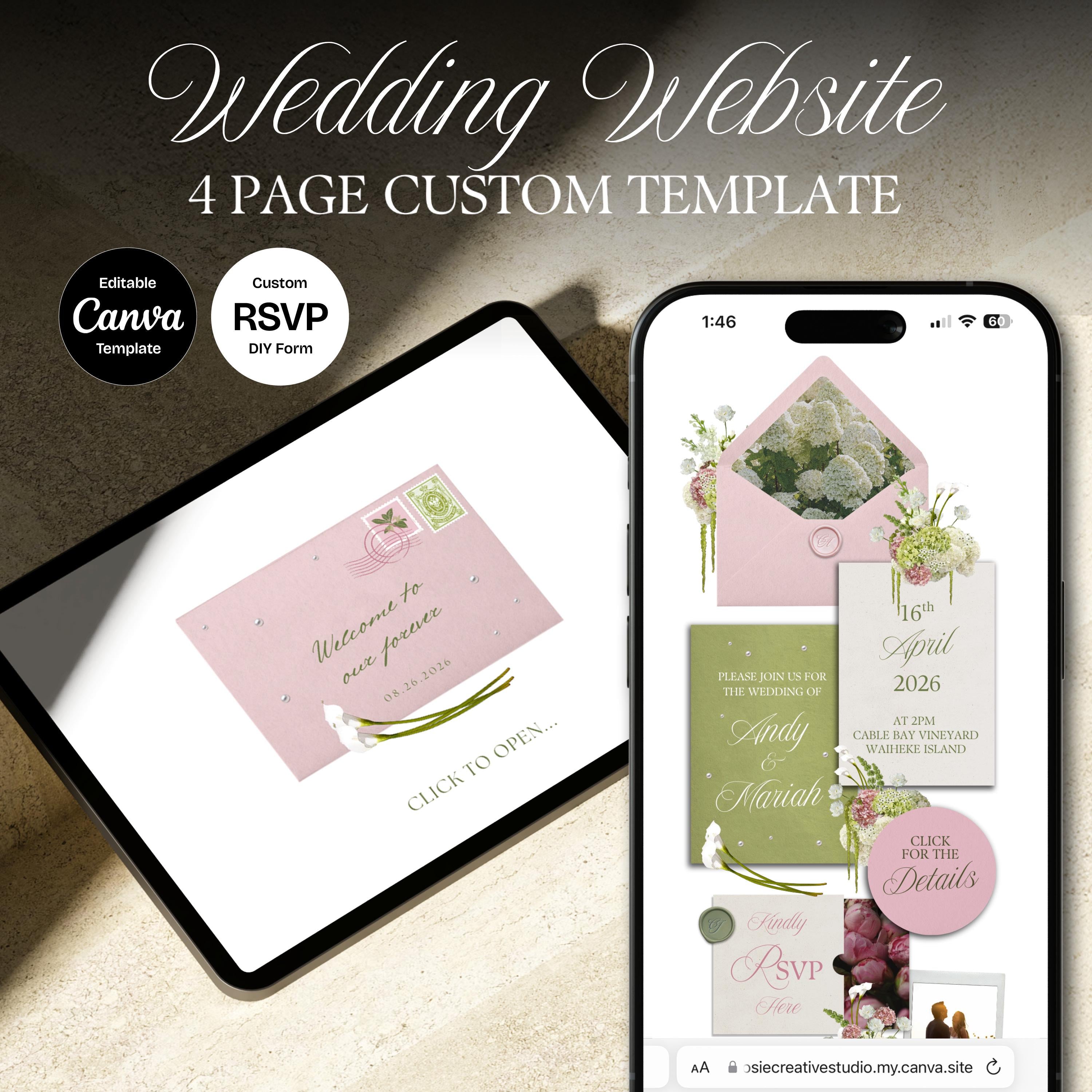 Pink & Green Floral Wedding Website Template with RSVP: Editable Canva Design (Digital Download)