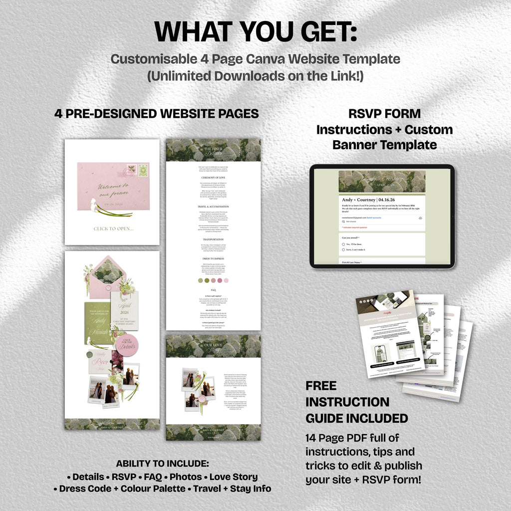 Pink & Green Floral Wedding Website Template with RSVP: Editable Canva Design (Digital Download)