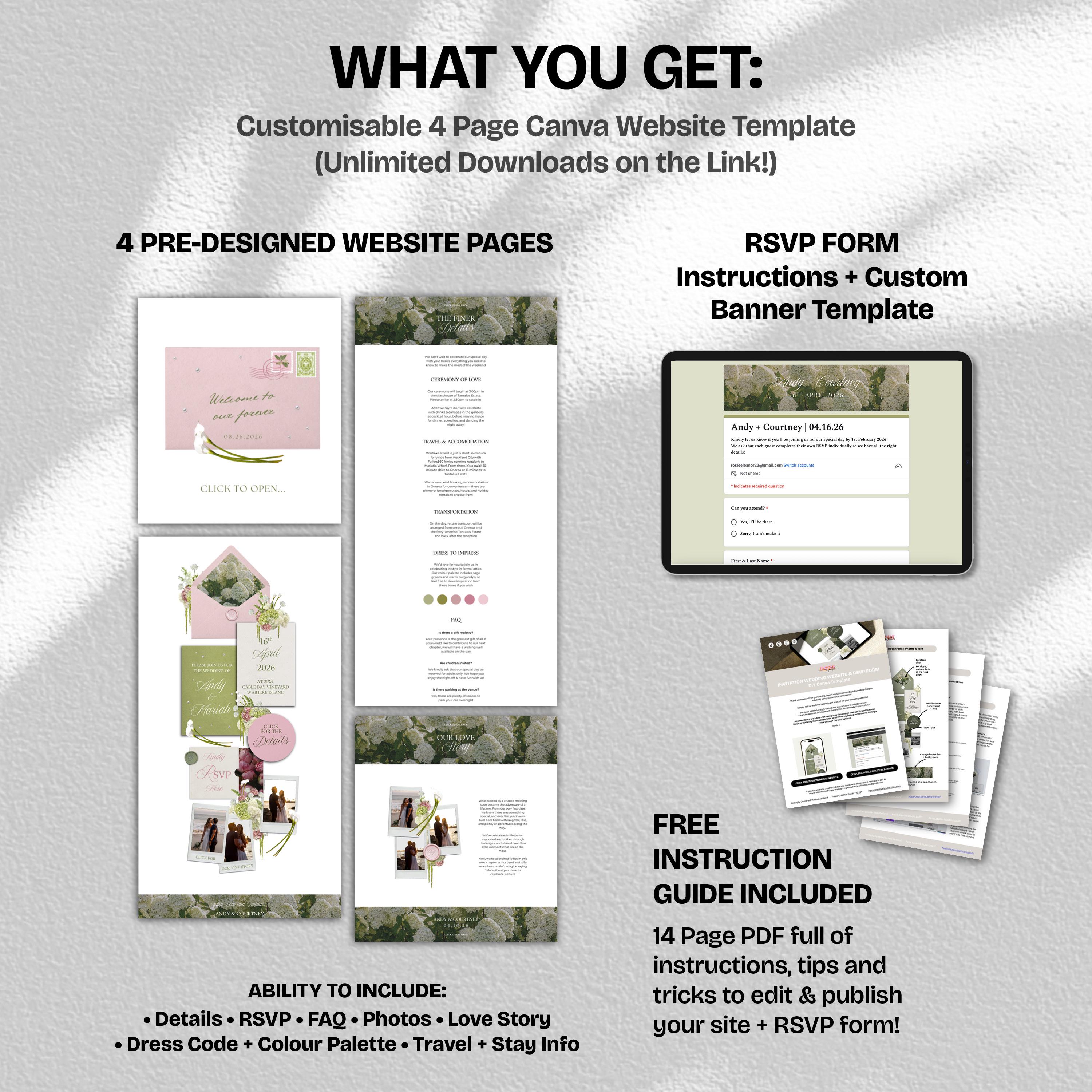Pink & Green Floral Wedding Website Template with RSVP: Editable Canva Design (Digital Download)
