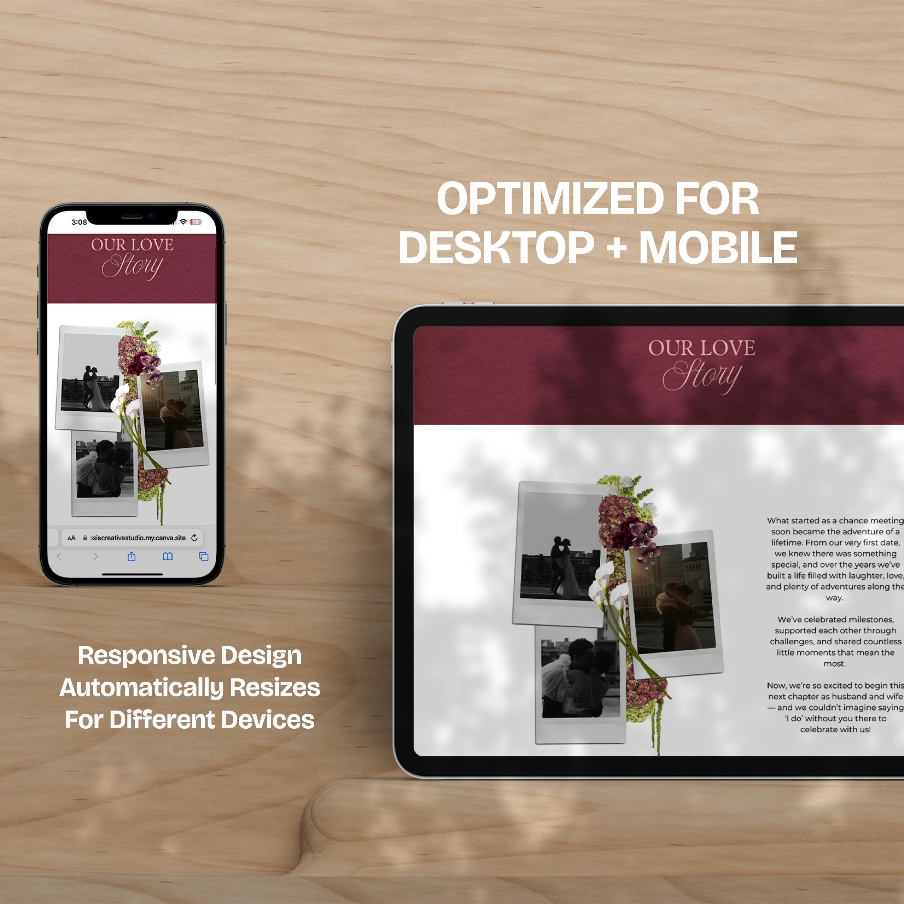 Burgundy, Green & Pink Floral Wedding Website Template with RSVP: Editable Canva Design (Digital Download)