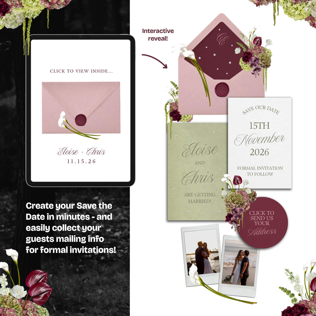Burgundy, Green and Pink Save the Date Website: Canva Digital Invitation Template (Instant Download)