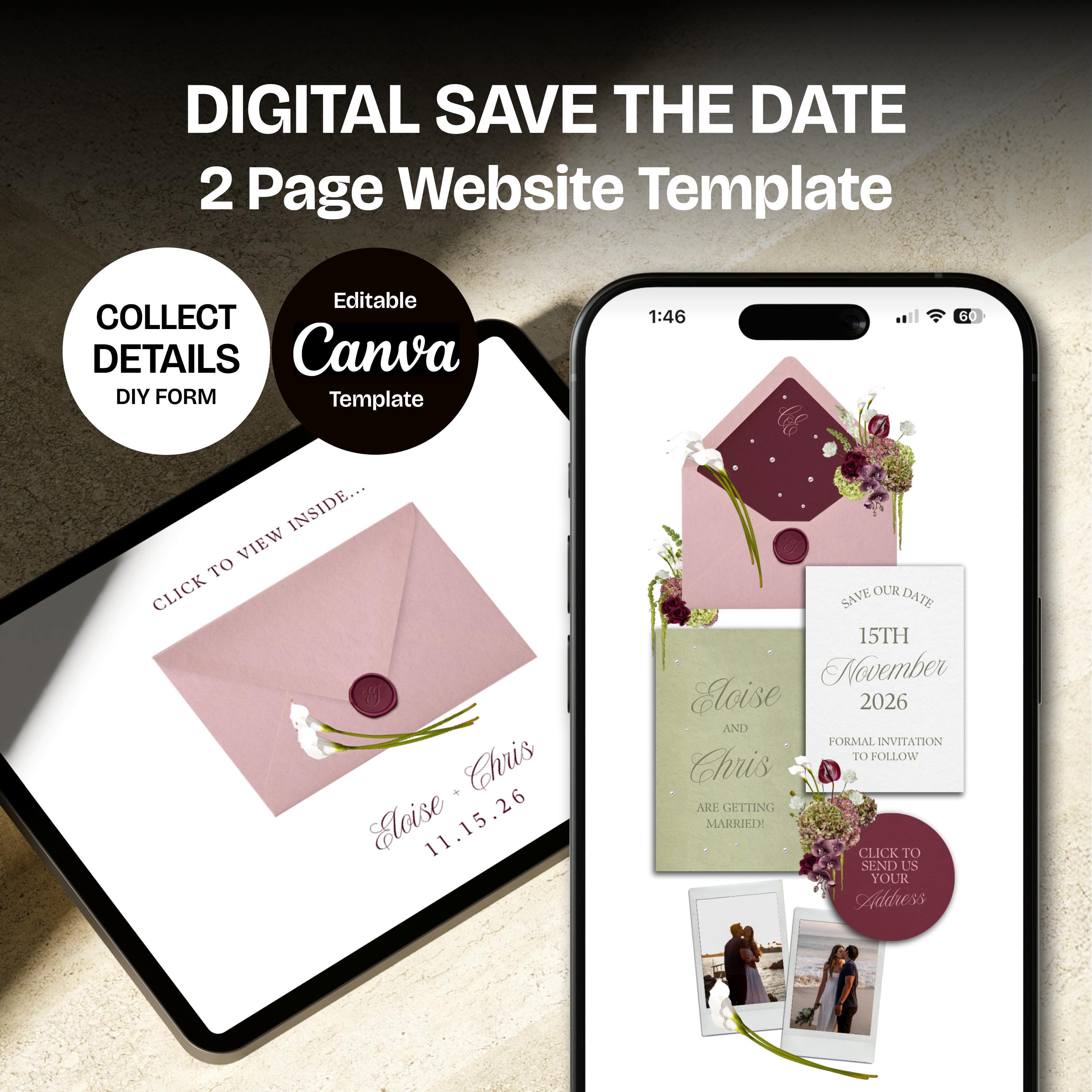 Burgundy, Green and Pink Save the Date Website: Canva Digital Invitation Template (Instant Download)