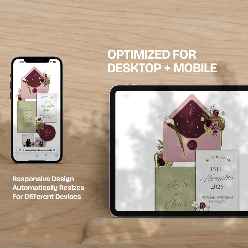 Burgundy, Green and Pink Save the Date Website: Canva Digital Invitation Template (Instant Download)