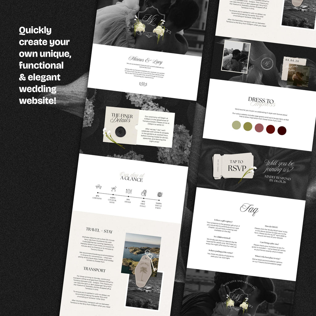 Neutral Black & Ivory Floral Wedding Website Template with RSVP: Editable Canva Design (Digital Download)