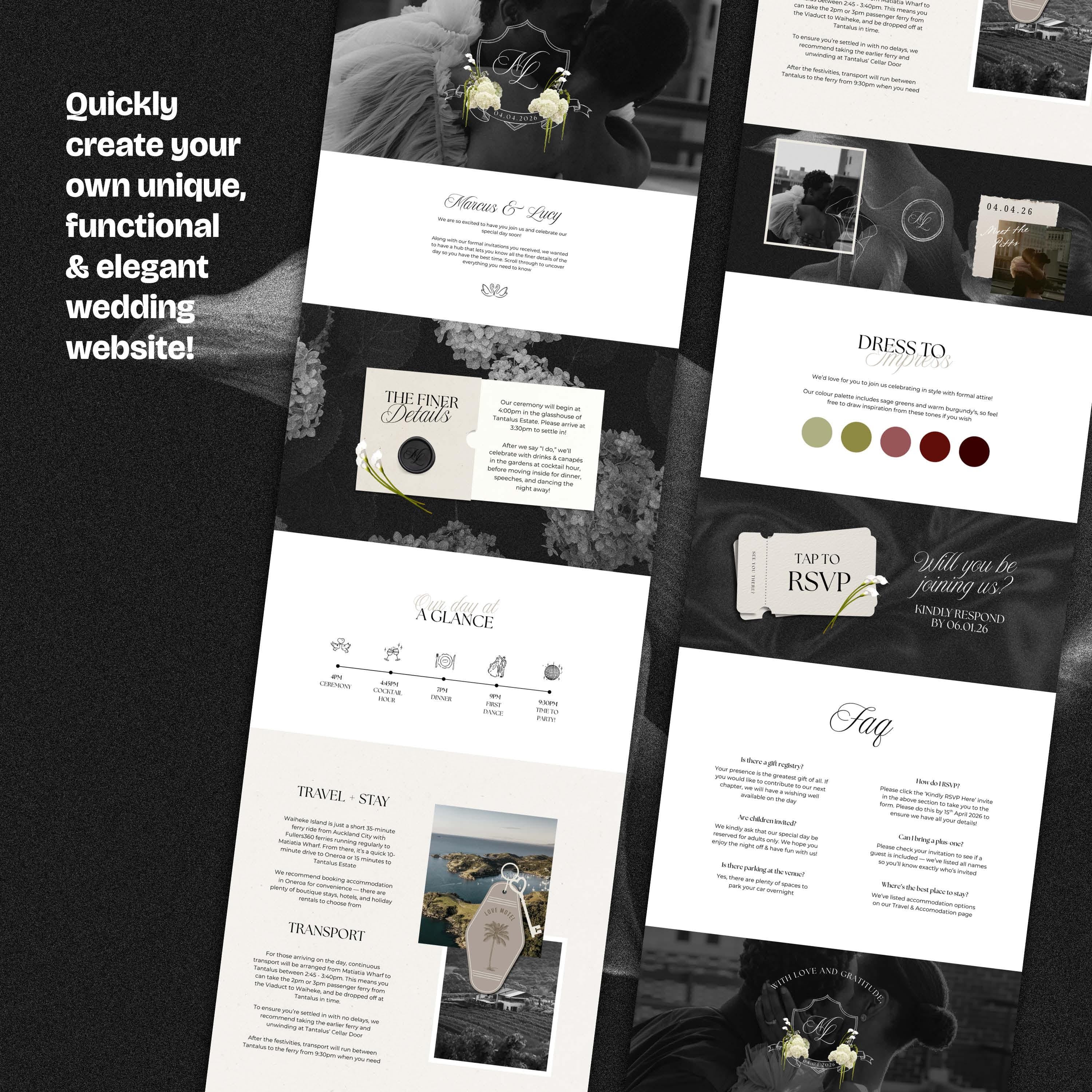 Neutral Black & Ivory Floral Wedding Website Template with RSVP: Editable Canva Design (Digital Download)