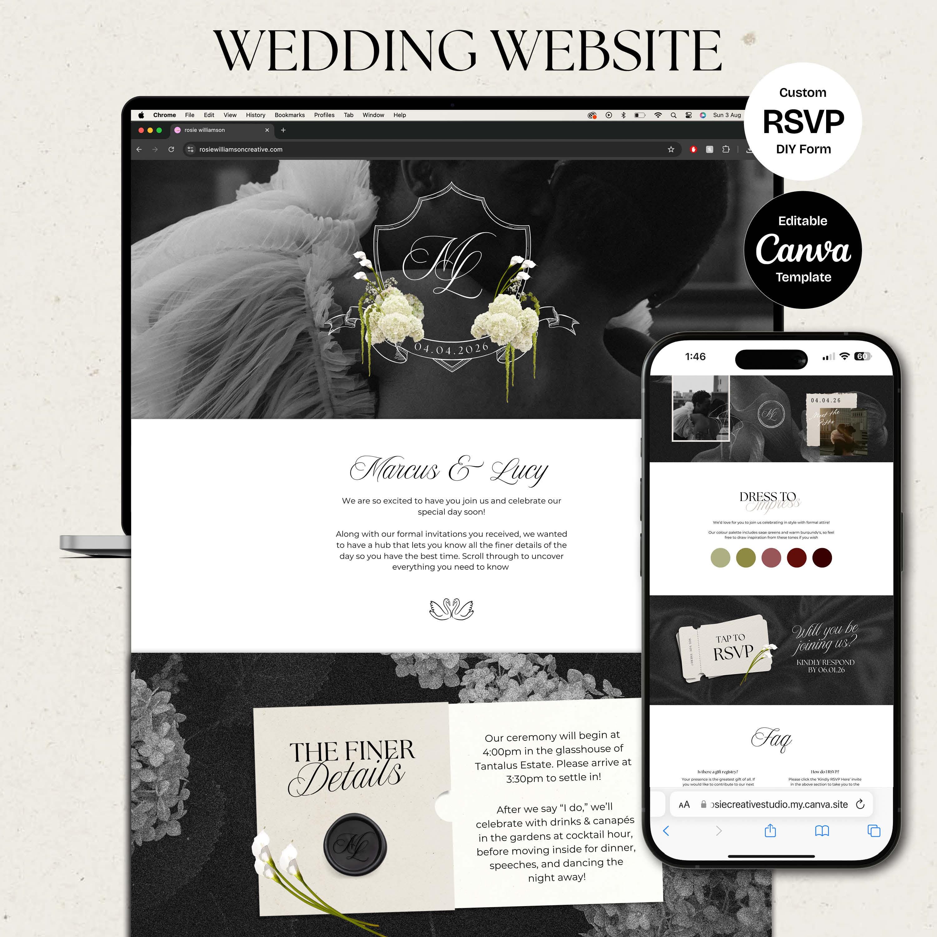 Neutral Black & Ivory Floral Wedding Website Template with RSVP: Editable Canva Design (Digital Download)