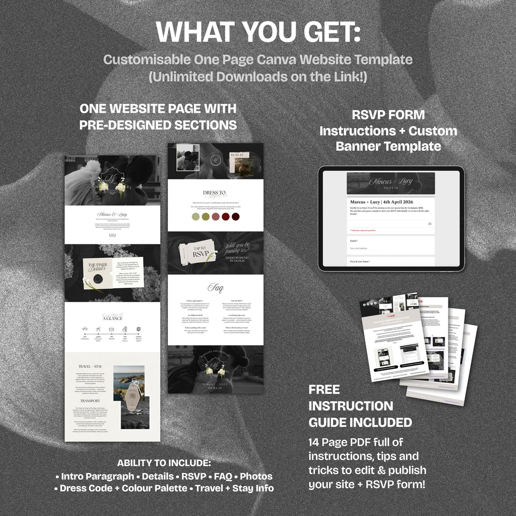 Neutral Black & Ivory Floral Wedding Website Template with RSVP: Editable Canva Design (Digital Download)