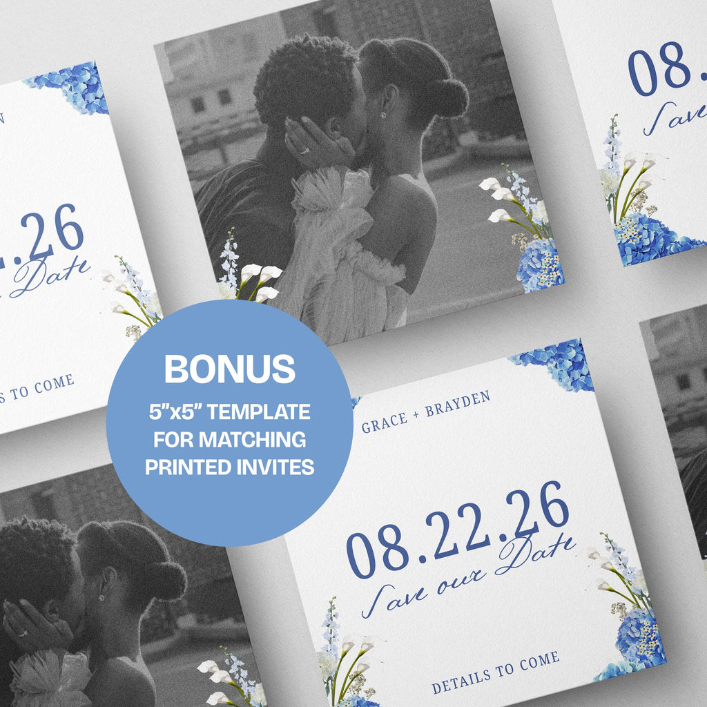 Blue Hydrangea Digital Save the Date Website: Canva Template
