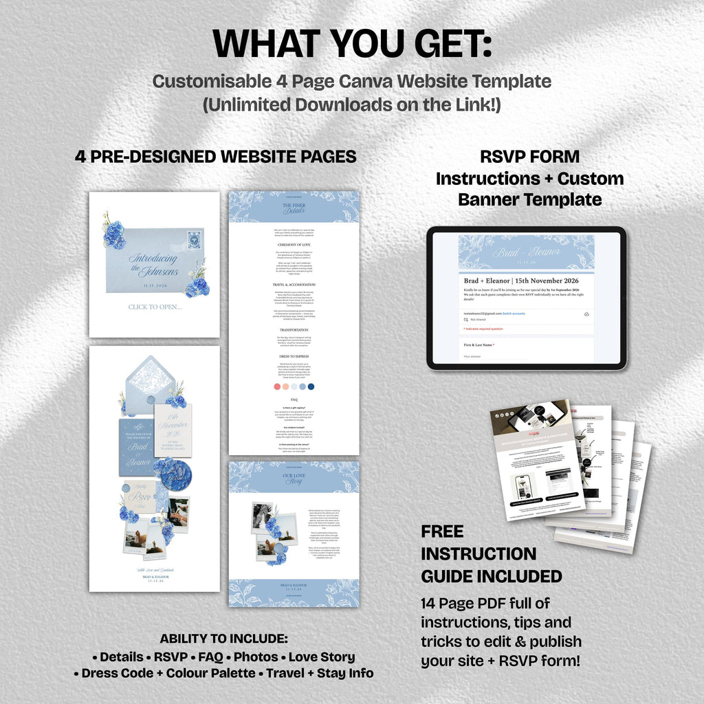 Blue Hydrangea Floral Wedding Website Template with RSVP: Editable Canva Design (Digital Download)