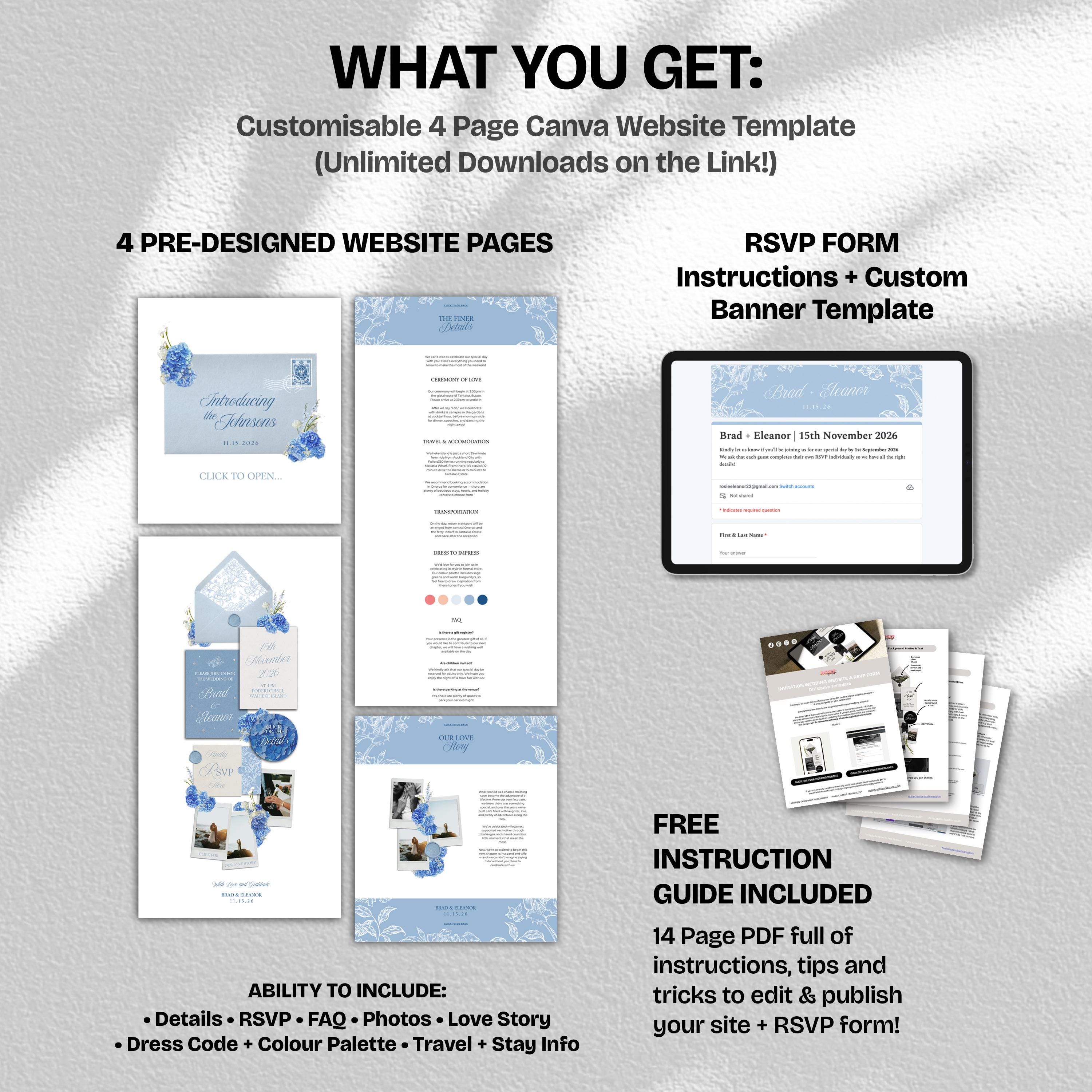 Blue Hydrangea Floral Wedding Website Template with RSVP: Editable Canva Design (Digital Download)