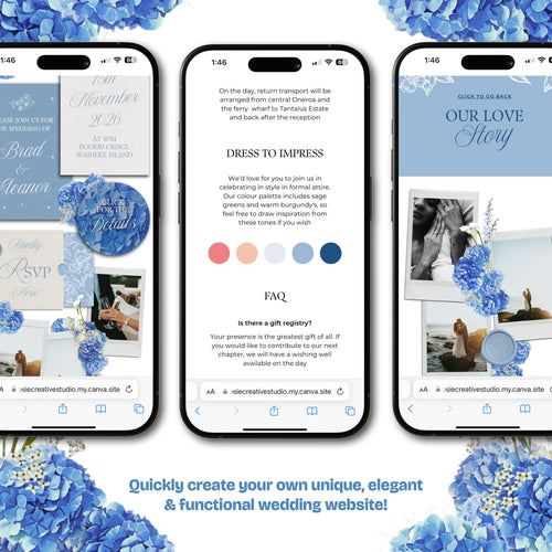 Blue Hydrangea Floral Wedding Website Template with RSVP: Editable Canva Design (Digital Download)