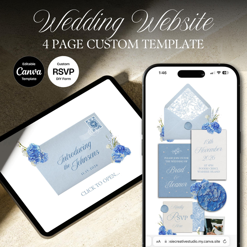 Blue Hydrangea Floral Wedding Website Template with RSVP: Editable Canva Design (Digital Download)