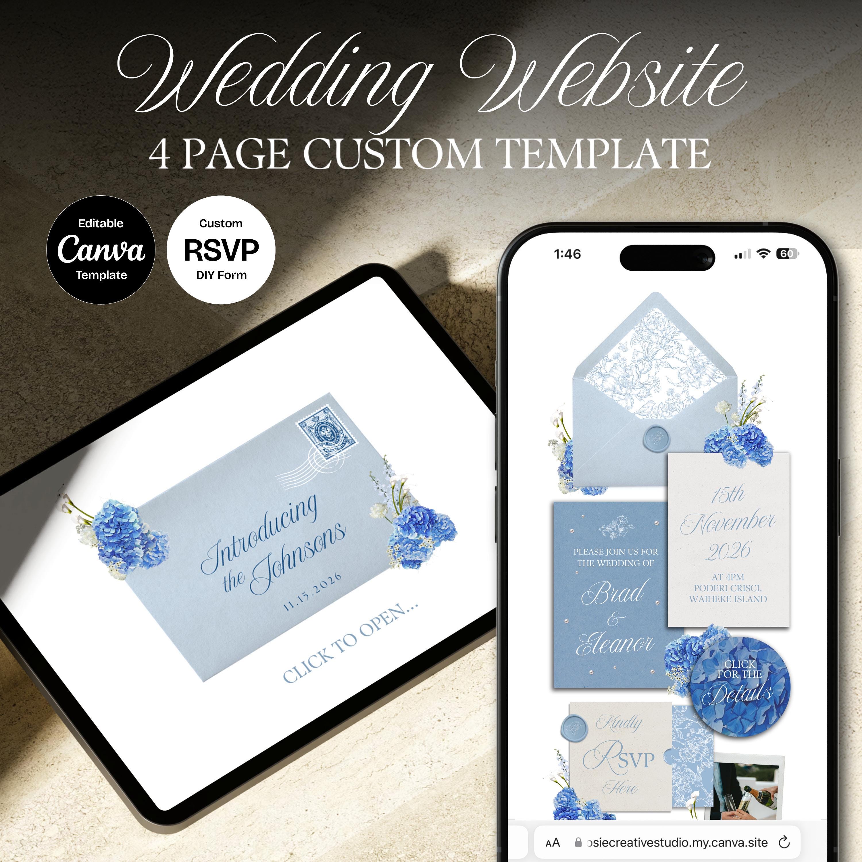 Blue Hydrangea Floral Wedding Website Template with RSVP: Editable Canva Design (Digital Download)
