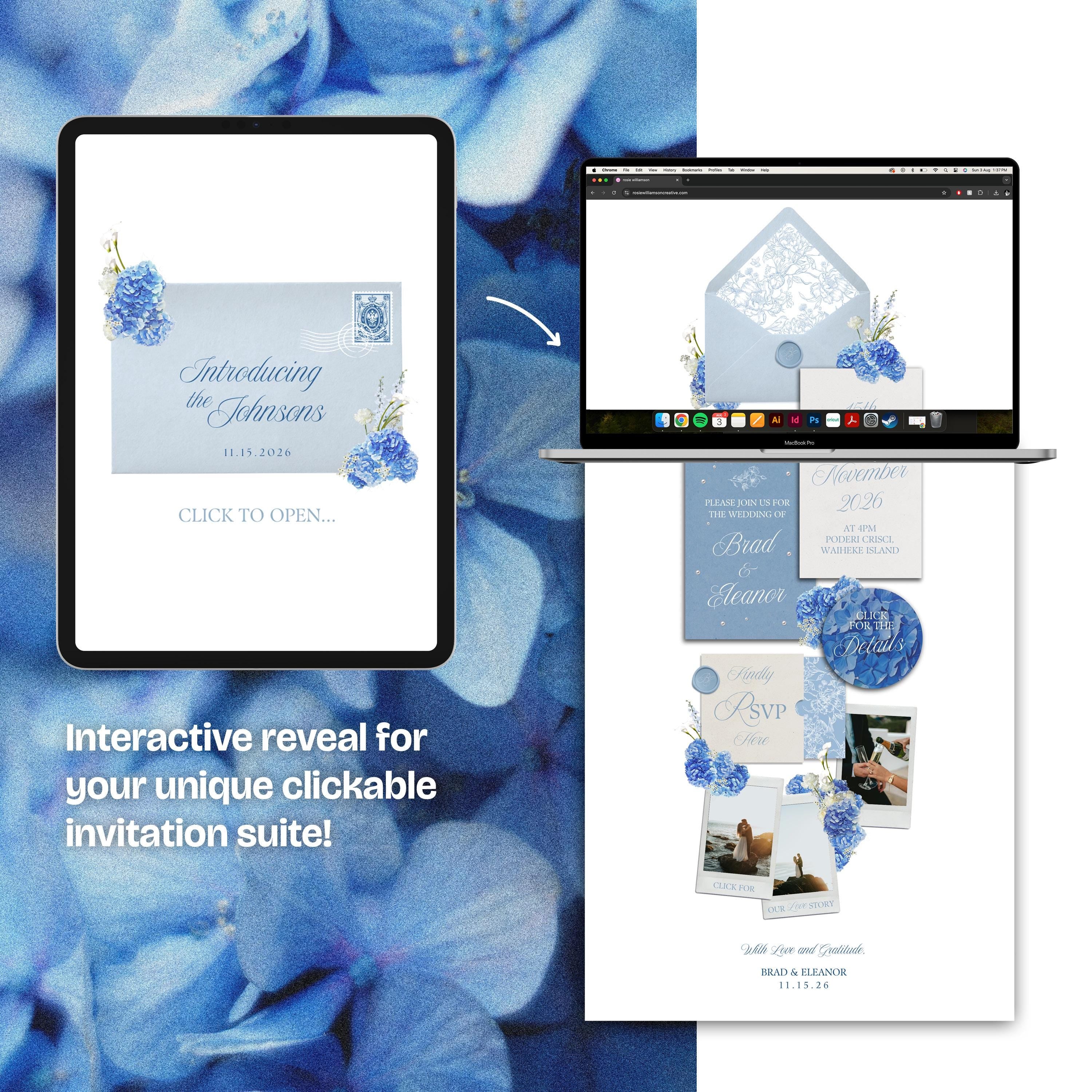 Blue Hydrangea Floral Wedding Website Template with RSVP: Editable Canva Design (Digital Download)