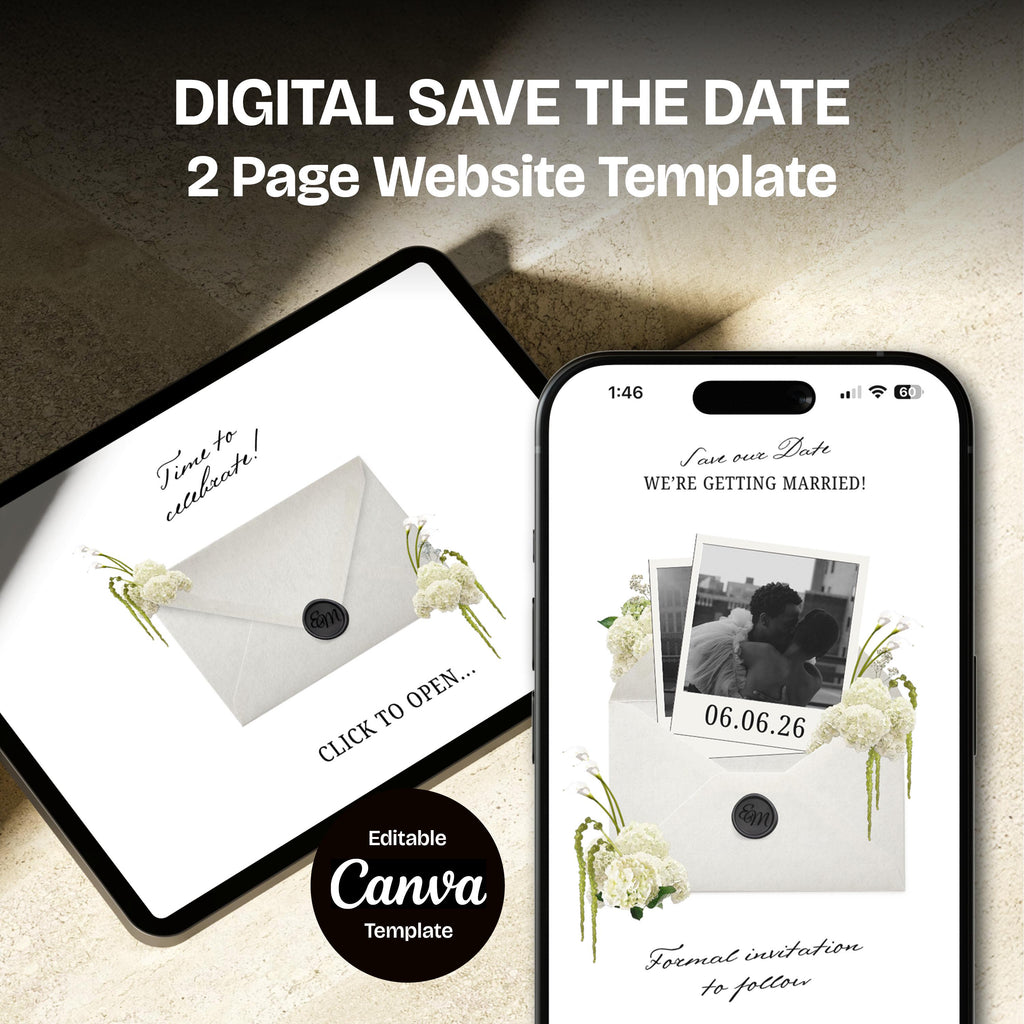 Ivory White & Green Floral Save the Date Website: Canva Digital Invitation Template (Digital Download)