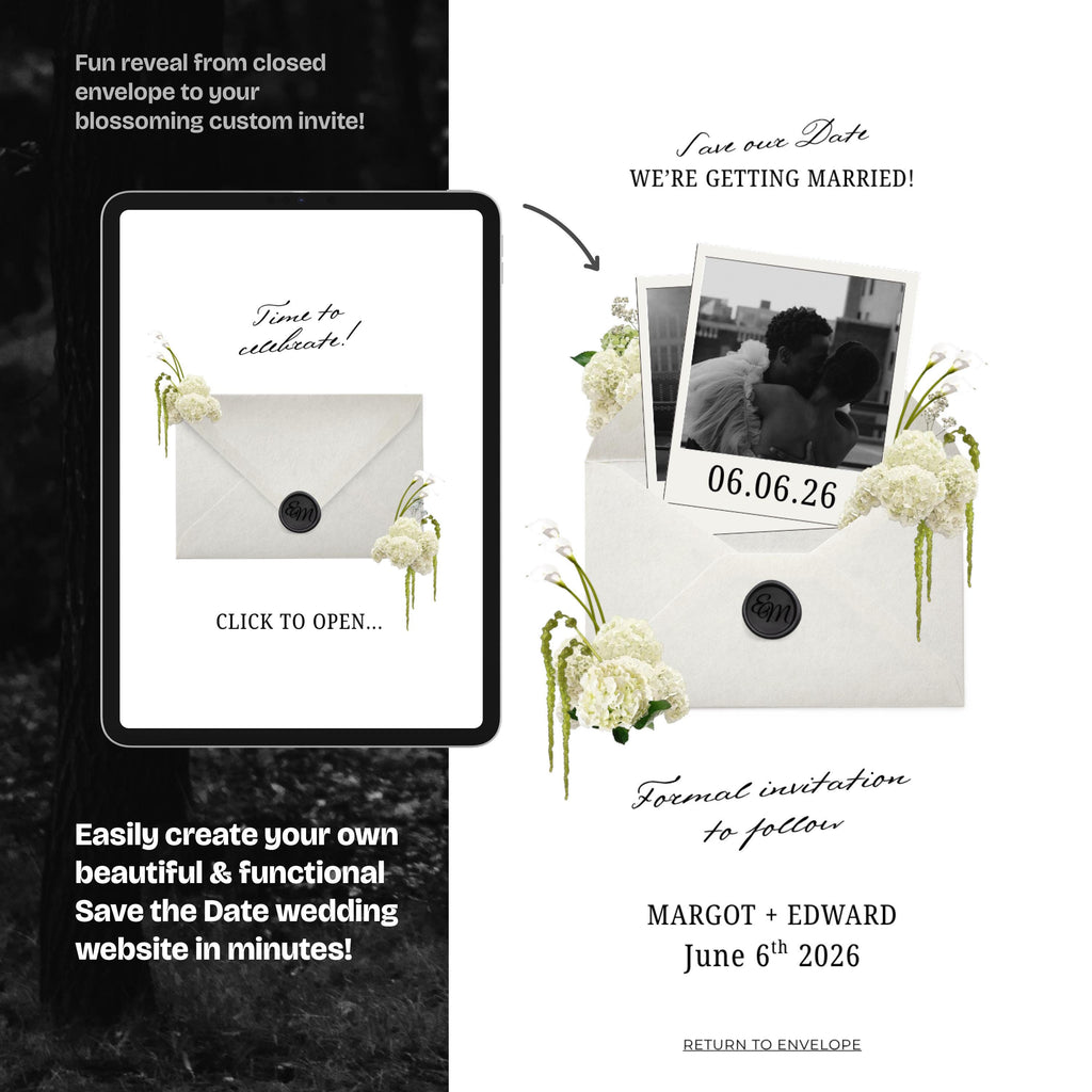 Ivory White & Green Floral Save the Date Website: Canva Digital Invitation Template (Digital Download)