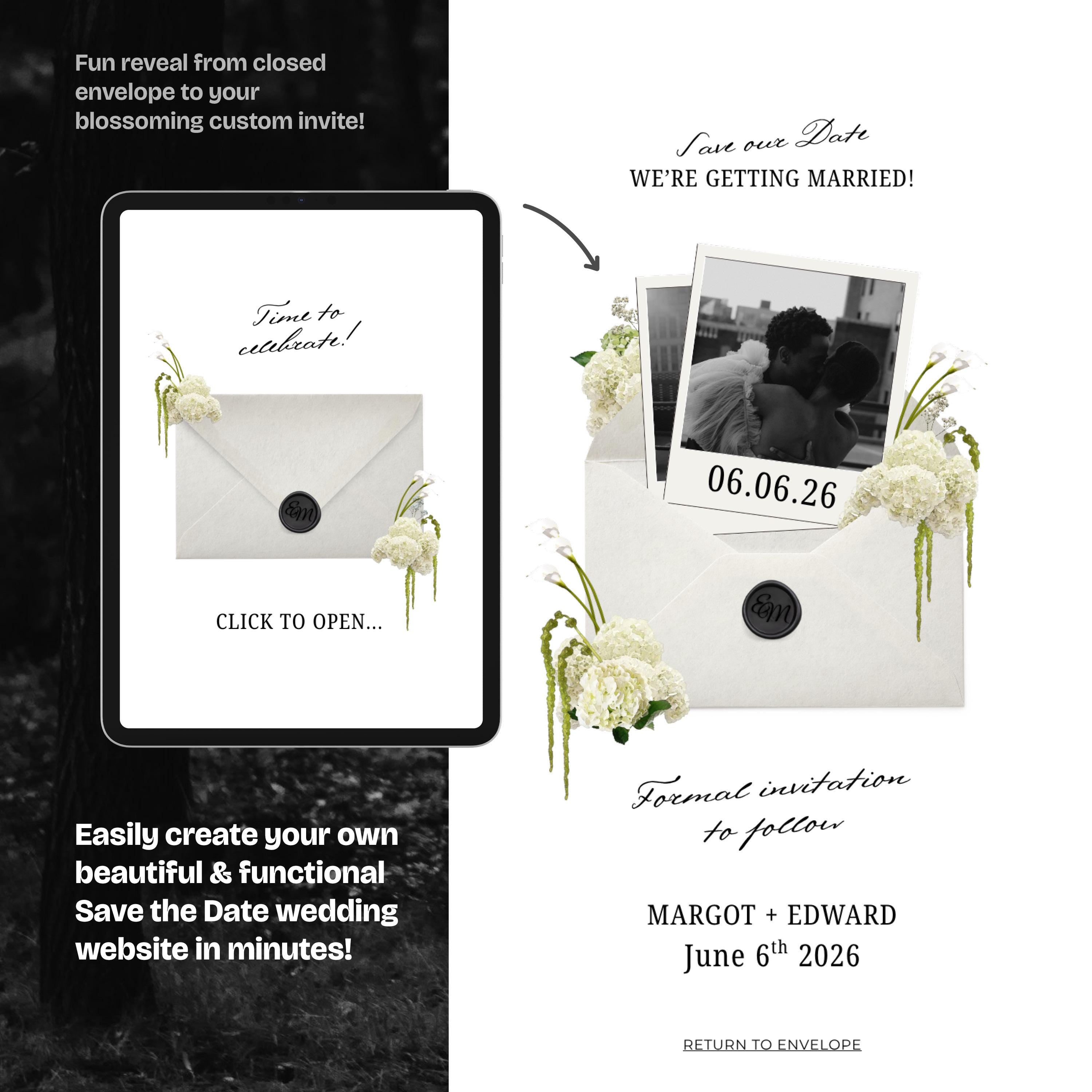 Ivory White & Green Floral Save the Date Website: Canva Digital Invitation Template (Digital Download)
