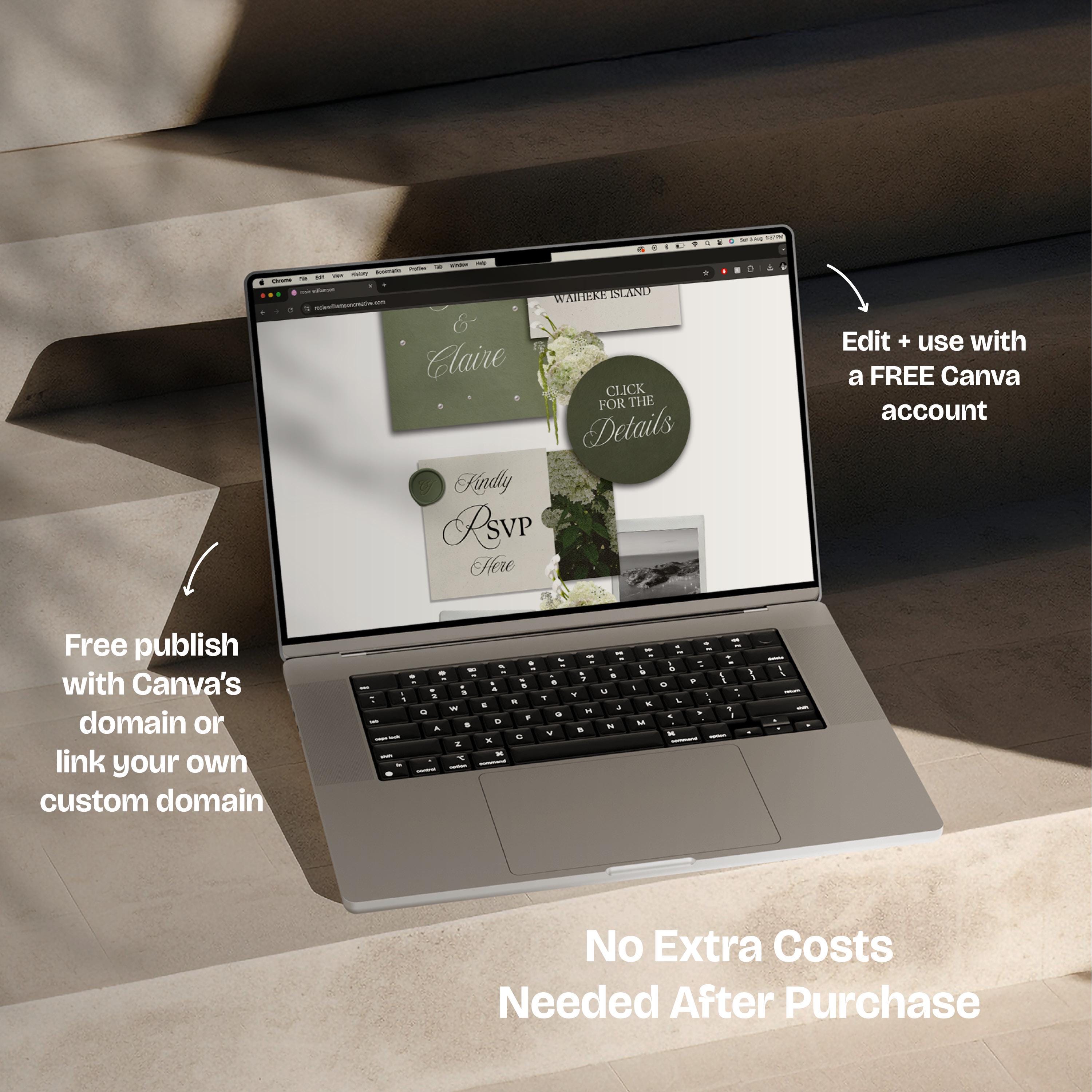 Green Tone Floral Wedding Website Template with RSVP: Editable Canva Design (Digital Download)