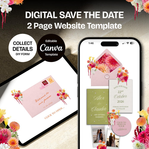 Bright Pink, Orange & Green Save the Date Website: Canva Digital Invitation Template (Instant Download)