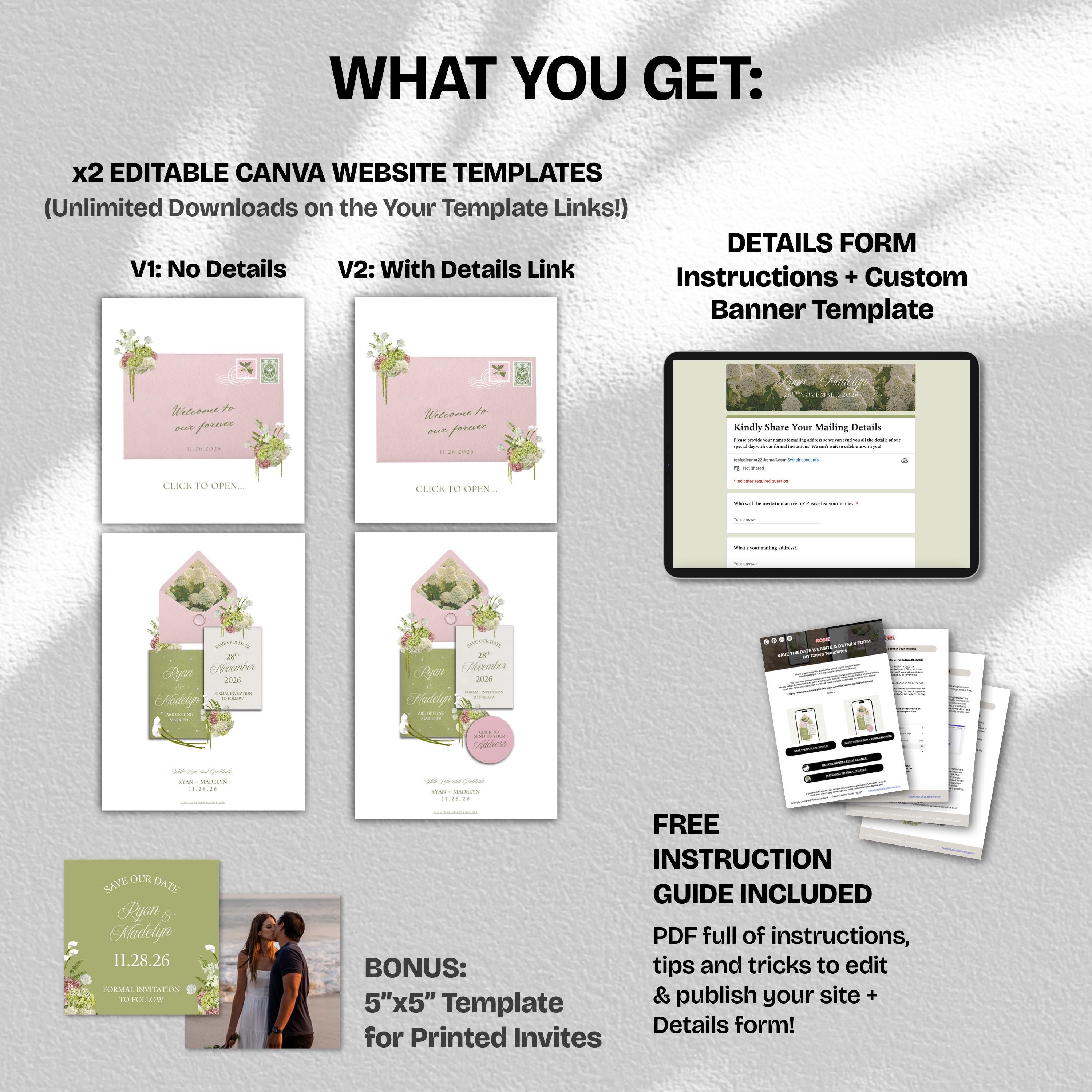 Pink & Green Save the Date Website with RSVP/Details: Canva Digital Invitation Template (Digital Download)