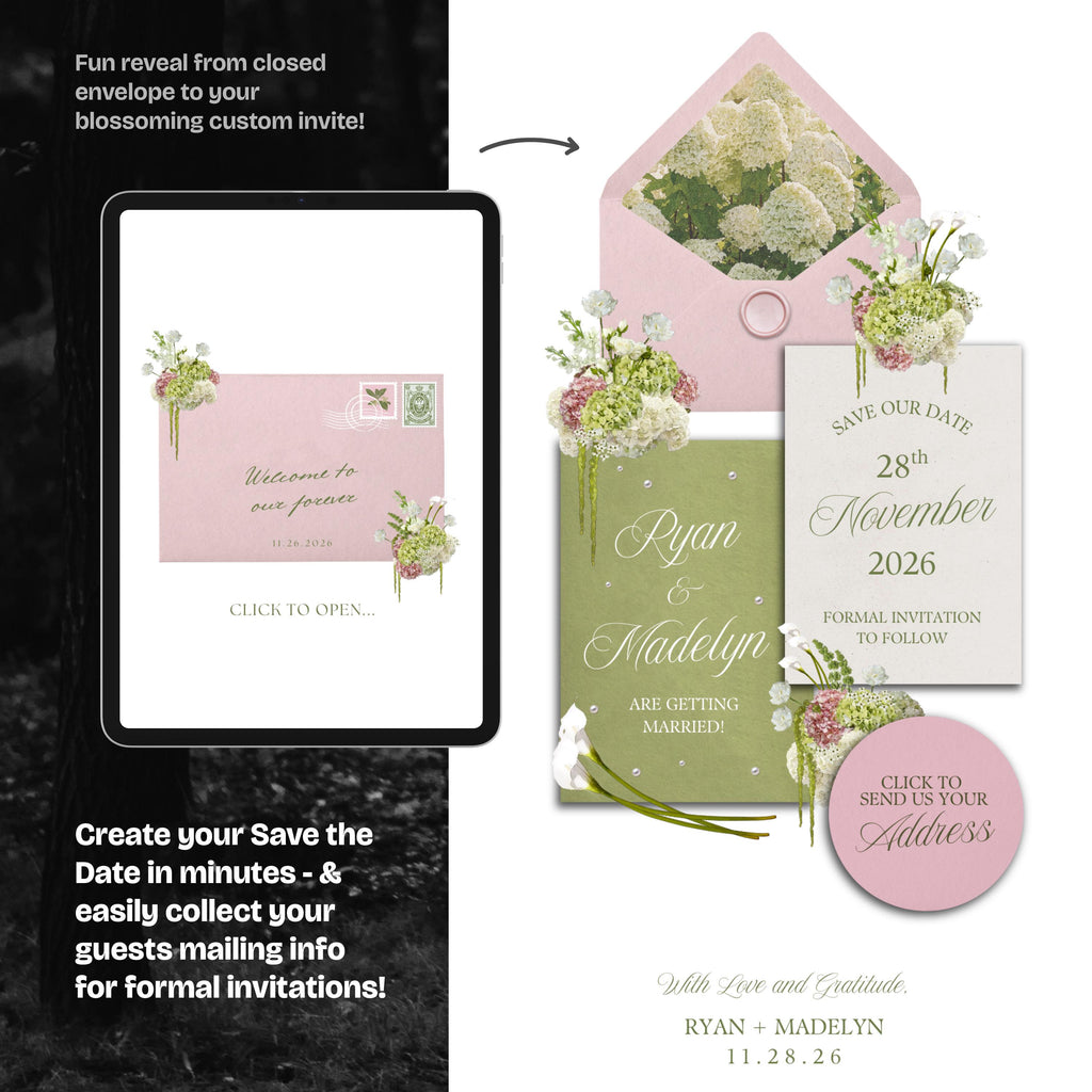Pink & Green Save the Date Website with RSVP/Details: Canva Digital Invitation Template (Digital Download)