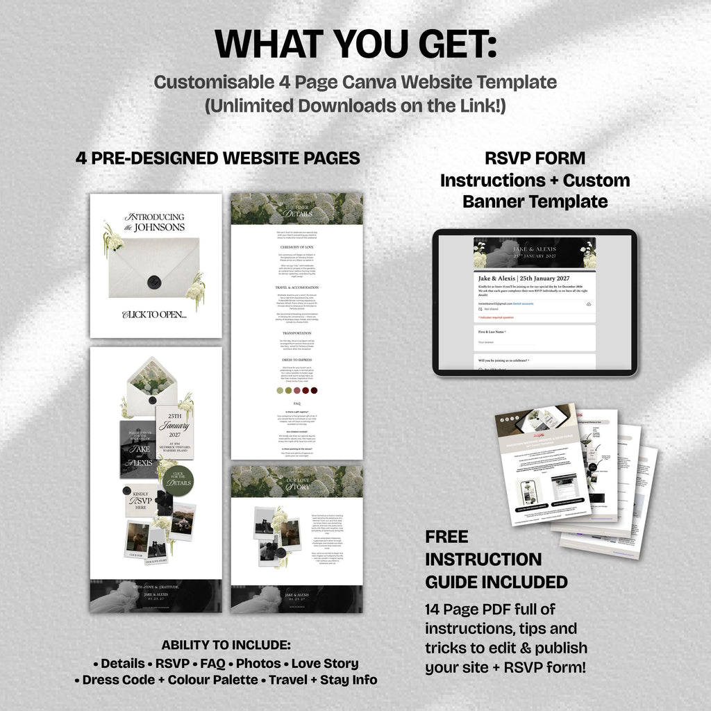 Ivory Black & Green Floral Wedding Website Template with RSVP: Editable Canva Design (Digital Download)