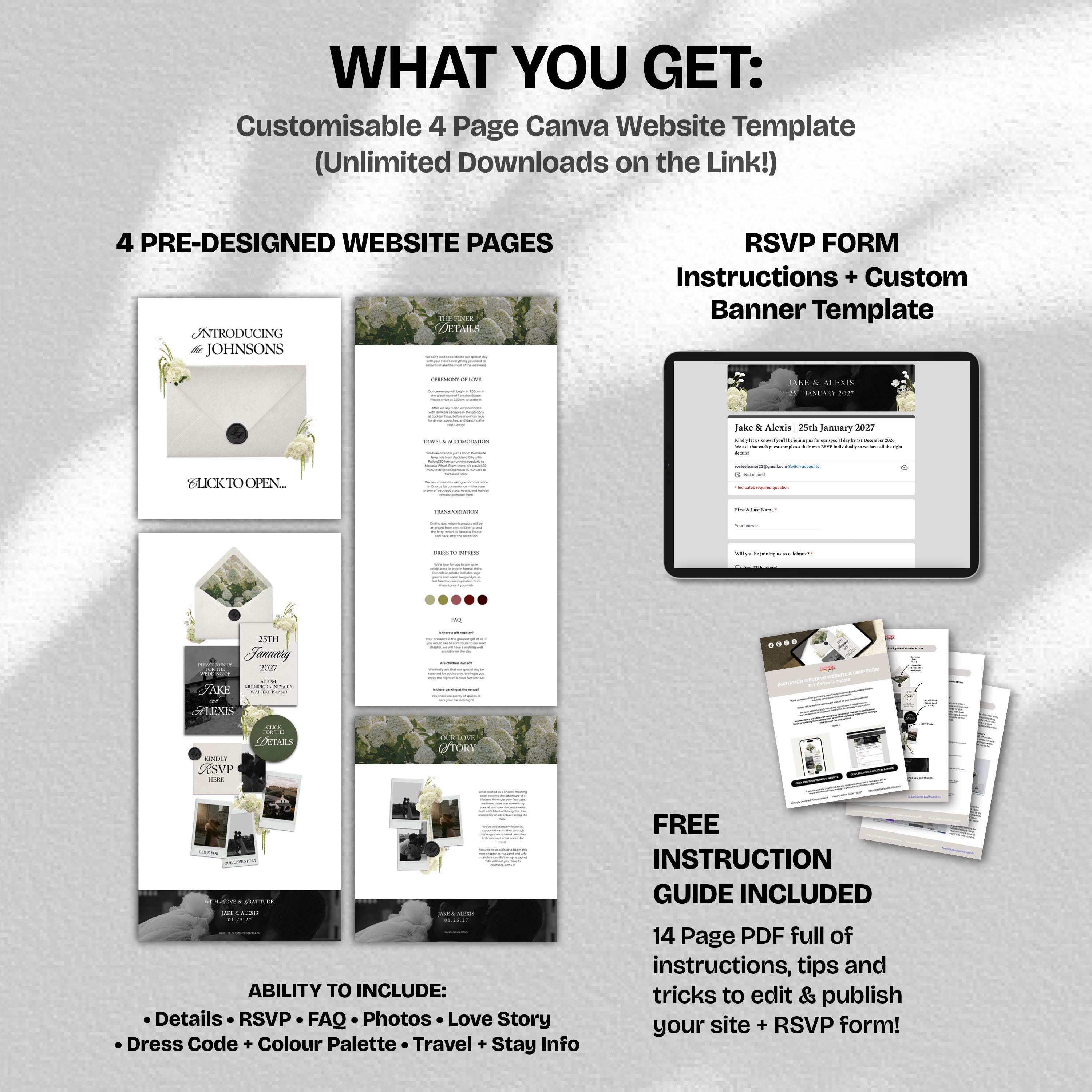 Ivory Black & Green Floral Wedding Website Template with RSVP: Editable Canva Design (Digital Download)