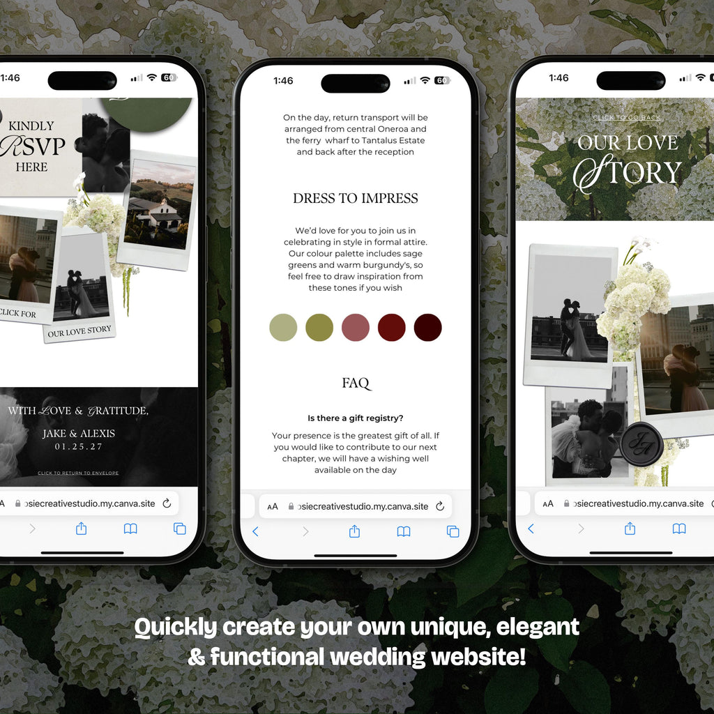 Ivory Black & Green Floral Wedding Website Template with RSVP: Editable Canva Design (Digital Download)