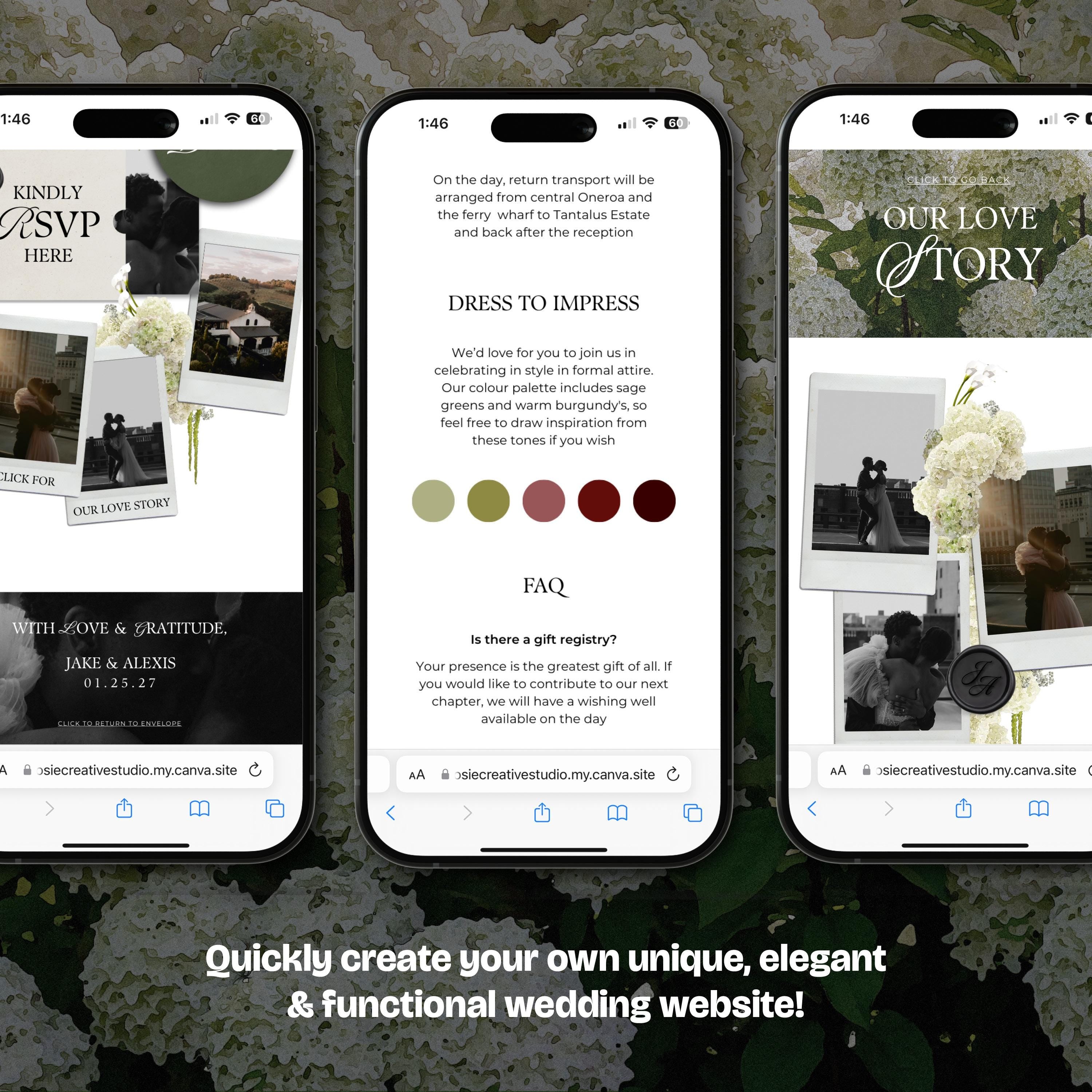 Ivory Black & Green Floral Wedding Website Template with RSVP: Editable Canva Design (Digital Download)
