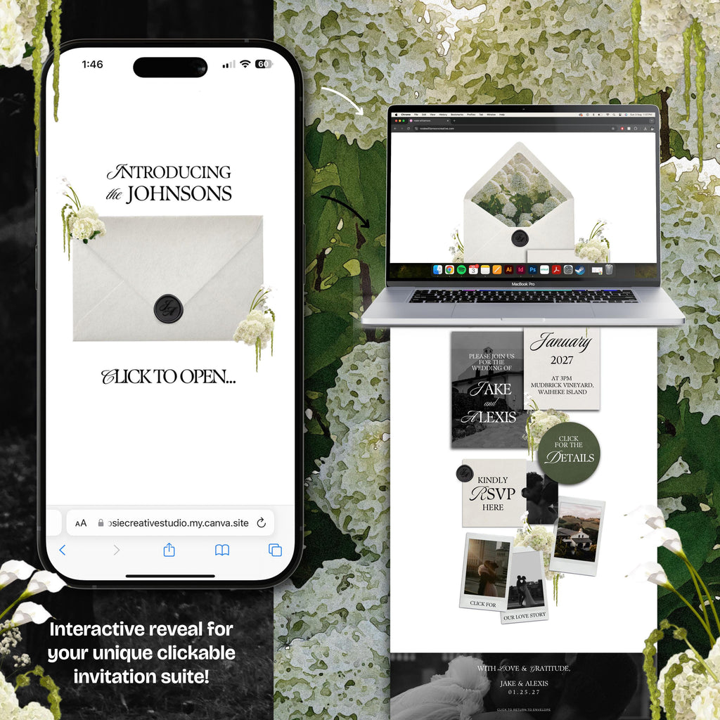 Ivory Black & Green Floral Wedding Website Template with RSVP: Editable Canva Design (Digital Download)