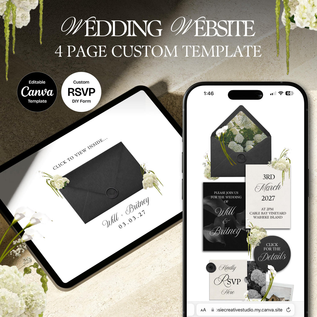 Black, White & Green Floral Wedding Website Template with RSVP: Editable Canva Design (Digital Download)