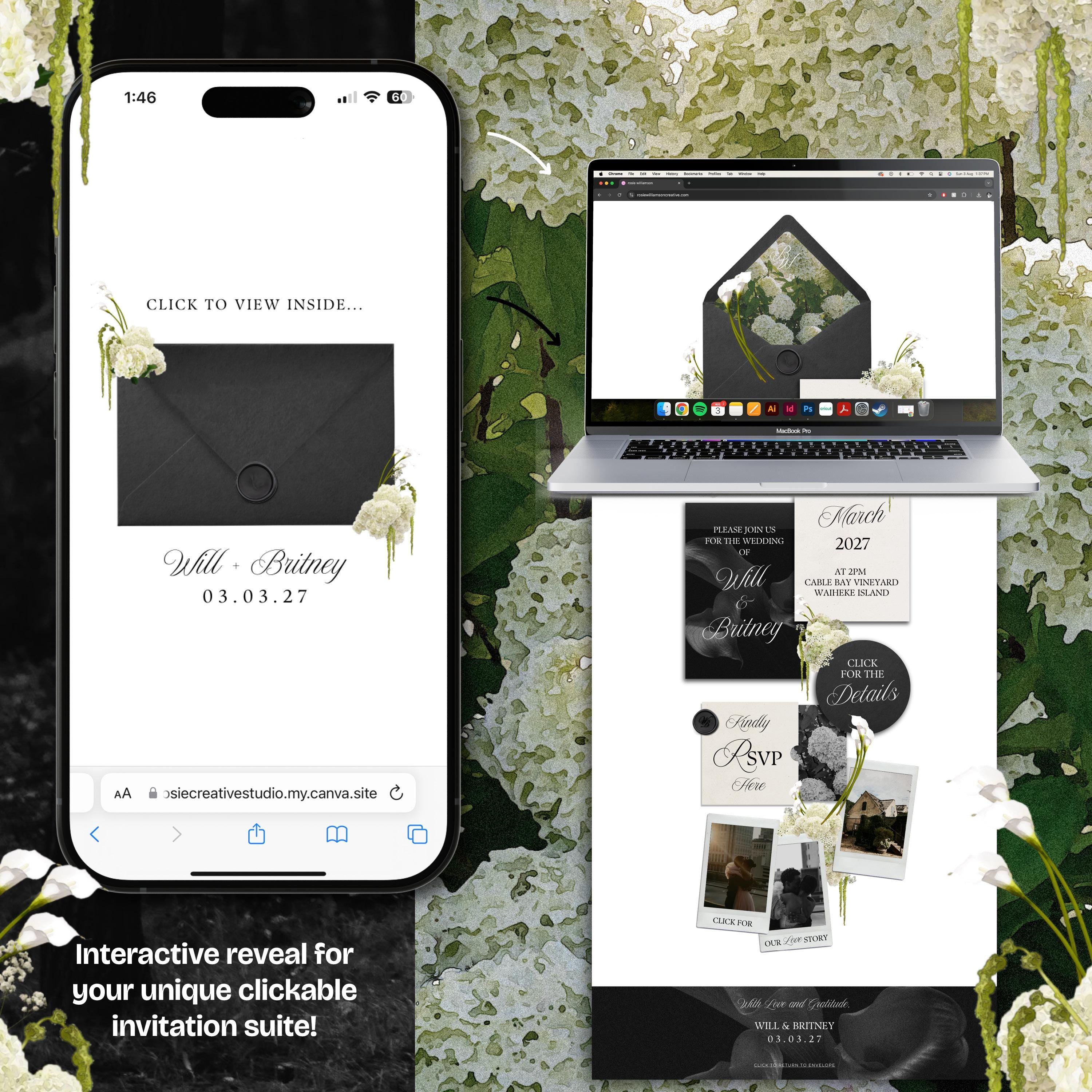 Black, White & Green Floral Wedding Website Template with RSVP: Editable Canva Design (Digital Download)