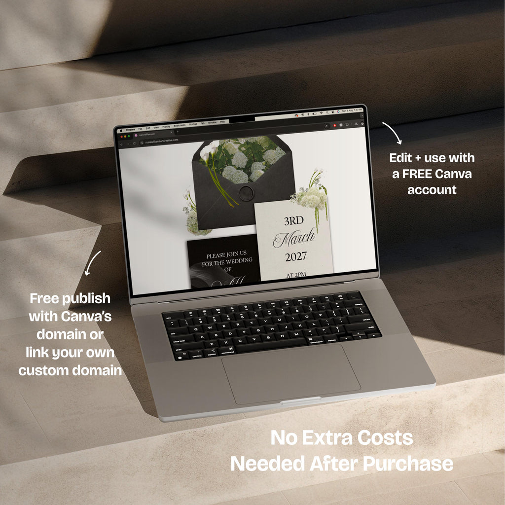 Black, White & Green Floral Wedding Website Template with RSVP: Editable Canva Design (Digital Download)