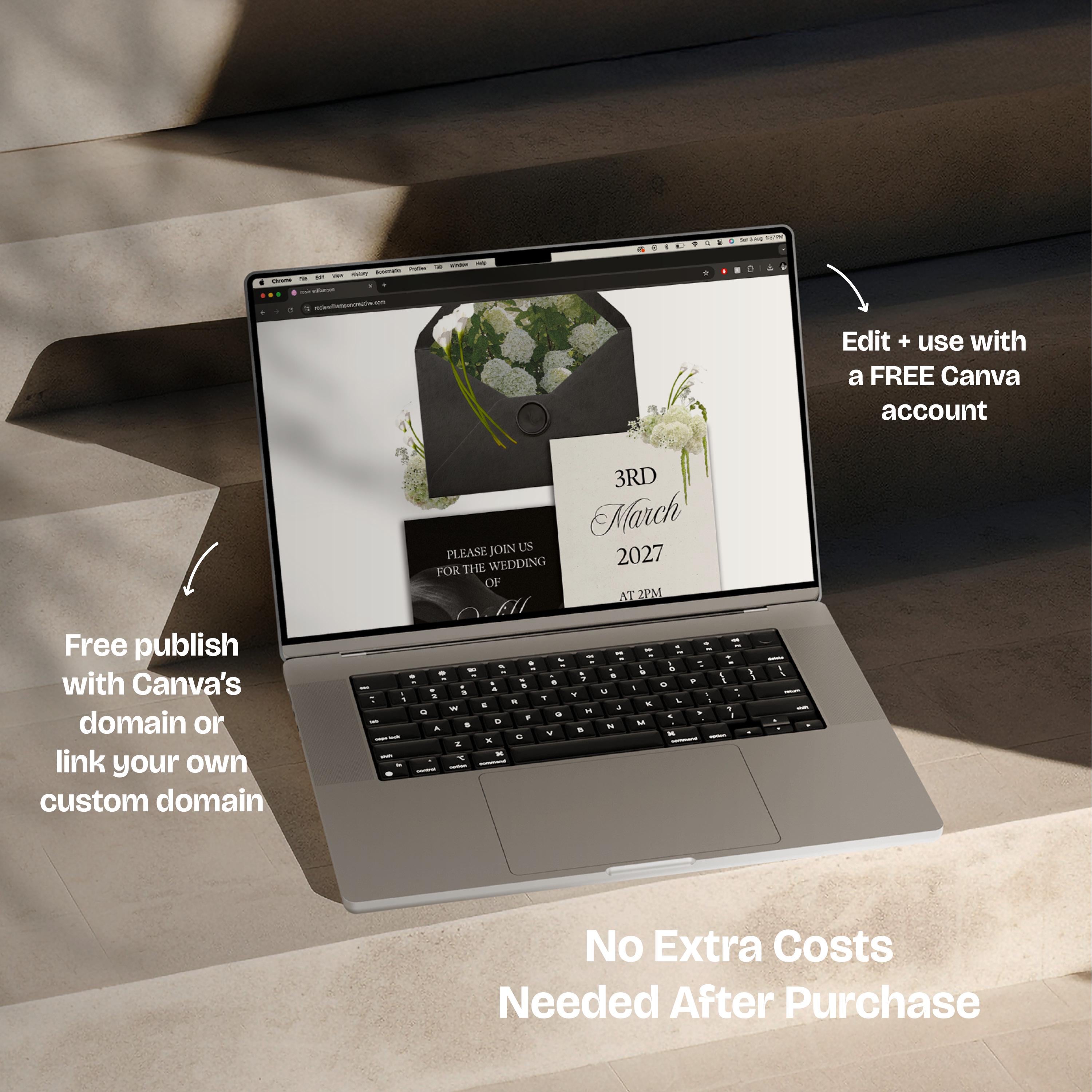 Black, White & Green Floral Wedding Website Template with RSVP: Editable Canva Design (Digital Download)