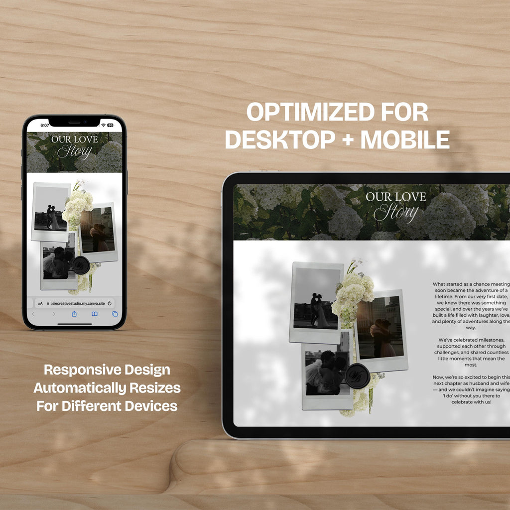 Black, White & Green Floral Wedding Website Template with RSVP: Editable Canva Design (Digital Download)