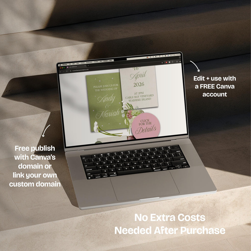 Pink & Green Floral Wedding Website Template with RSVP: Editable Canva Design (Digital Download)