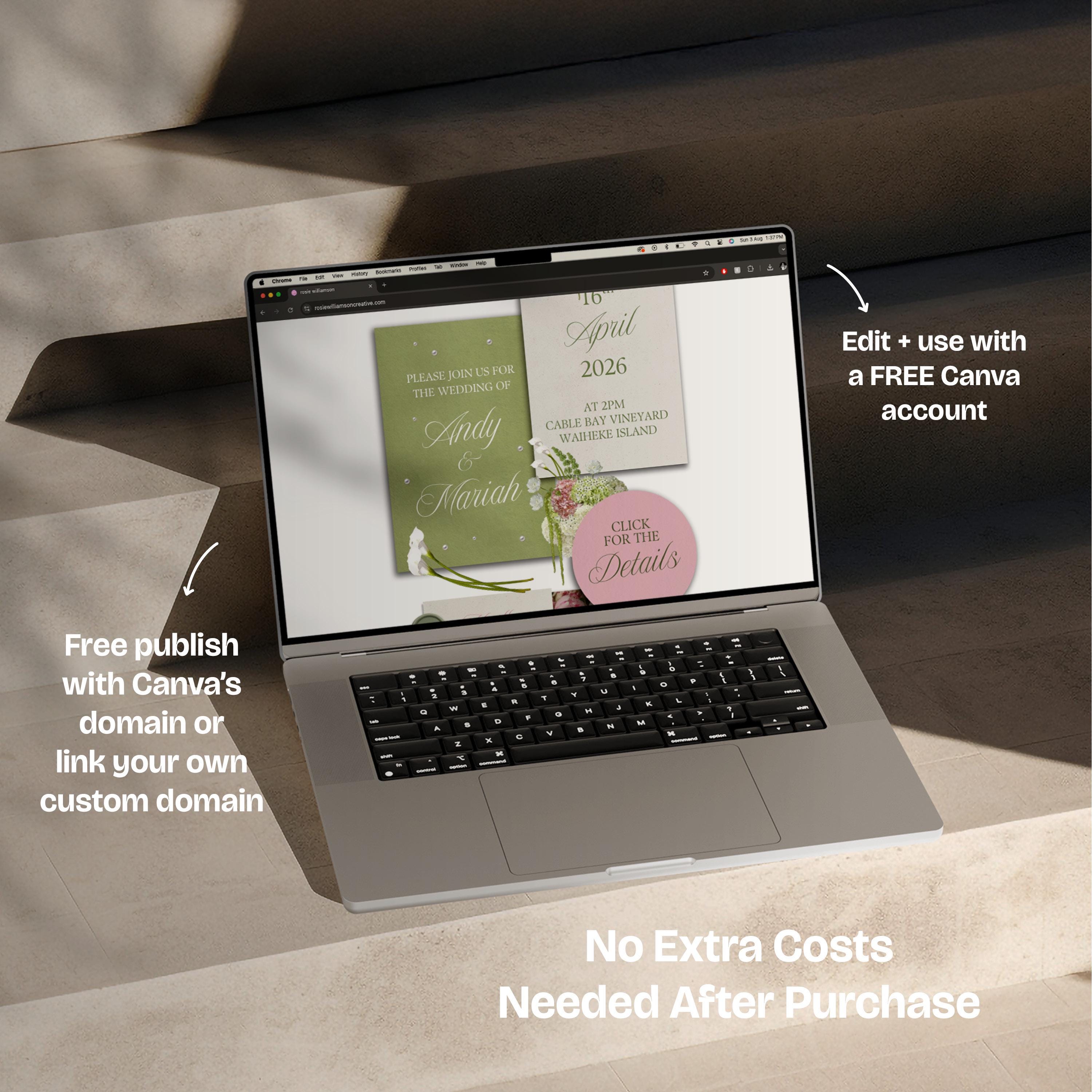 Pink & Green Floral Wedding Website Template with RSVP: Editable Canva Design (Digital Download)
