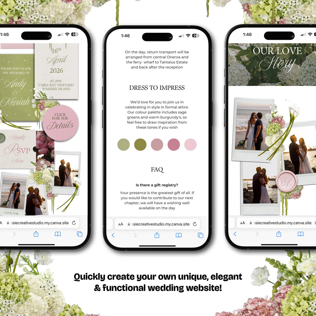 Pink & Green Floral Wedding Website Template with RSVP: Editable Canva Design (Digital Download)