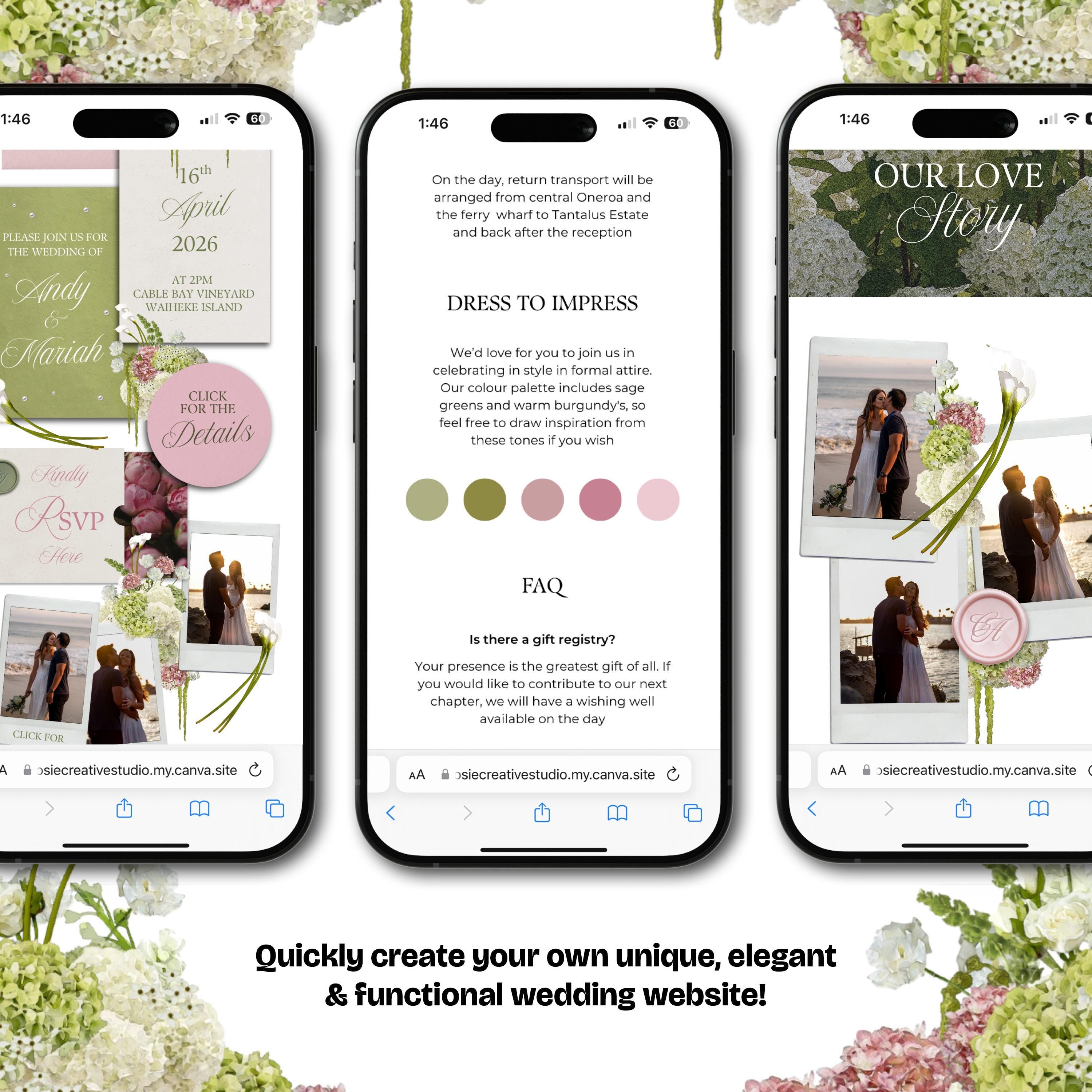 Pink & Green Floral Wedding Website Template with RSVP: Editable Canva Design (Digital Download)