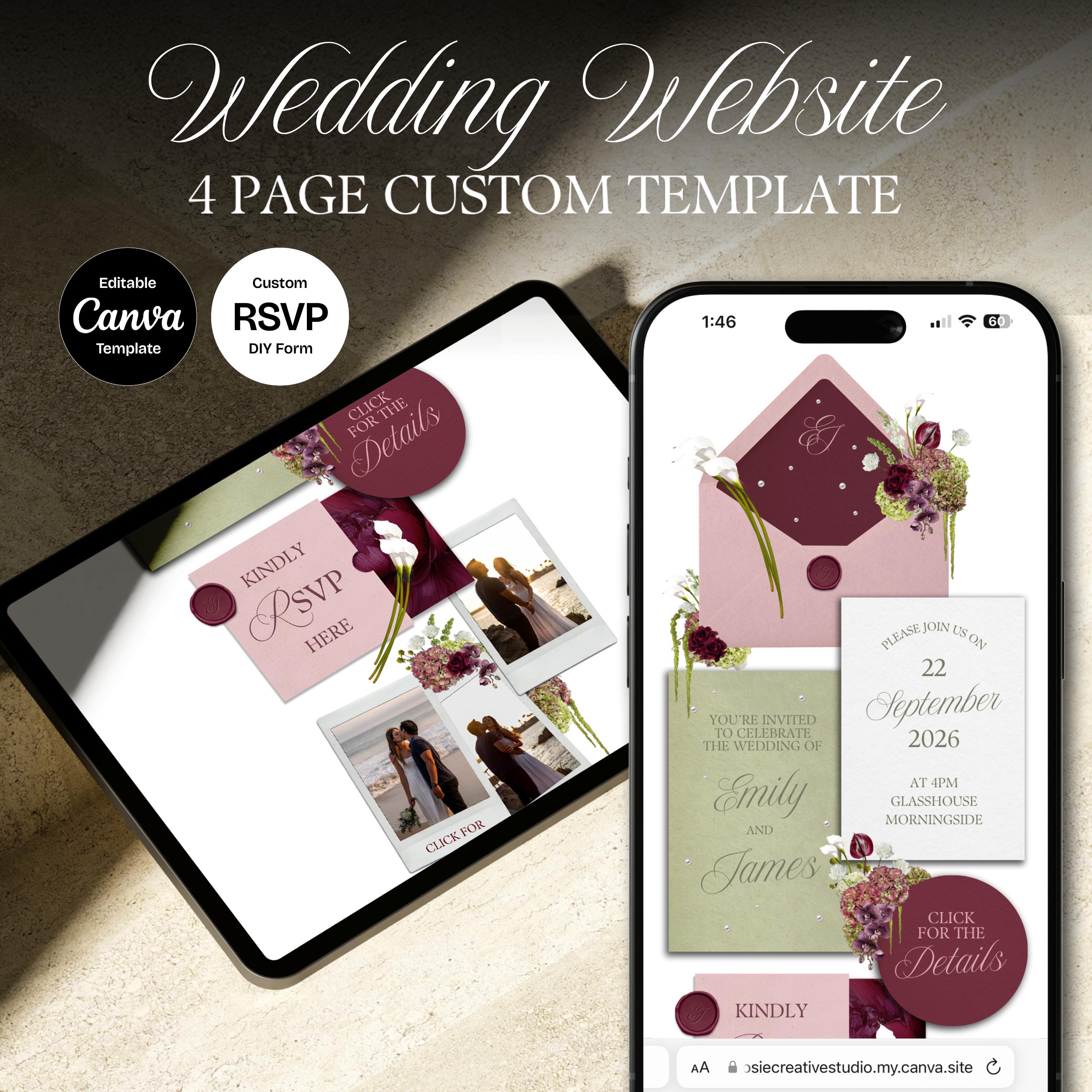 Burgundy, Green & Pink Floral Wedding Website Template with RSVP: Editable Canva Design (Digital Download)