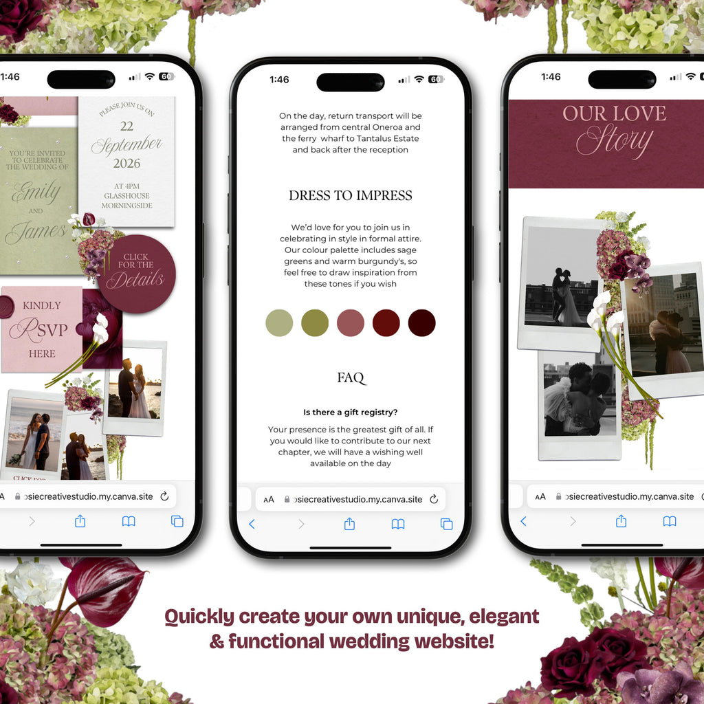 Burgundy, Green & Pink Floral Wedding Website Template with RSVP: Editable Canva Design (Digital Download)