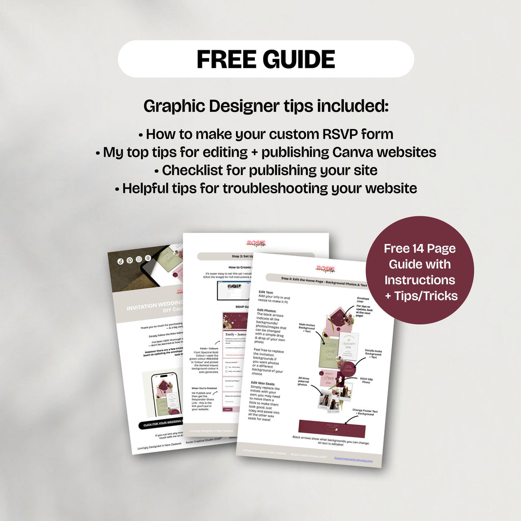 Burgundy, Green & Pink Floral Wedding Website Template with RSVP: Editable Canva Design (Digital Download)