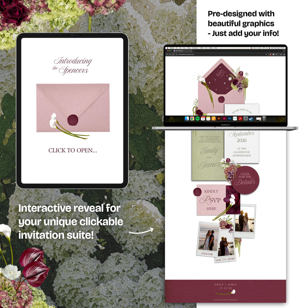 Burgundy, Green & Pink Floral Wedding Website Template with RSVP: Editable Canva Design (Digital Download)