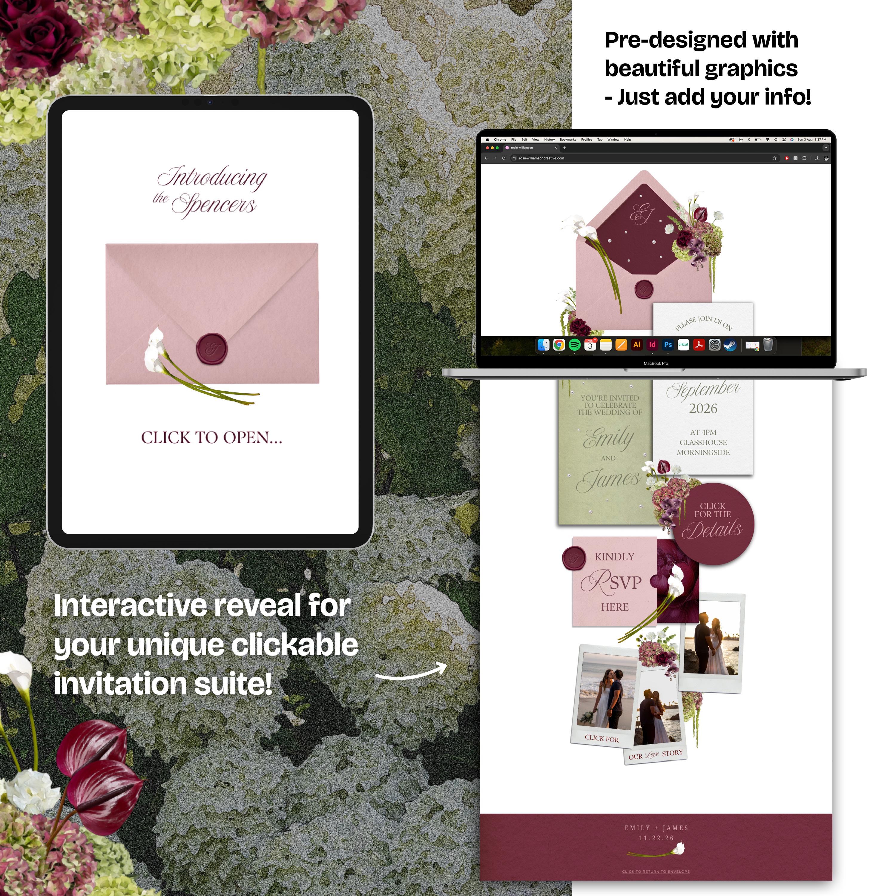 Burgundy, Green & Pink Floral Wedding Website Template with RSVP: Editable Canva Design (Digital Download)
