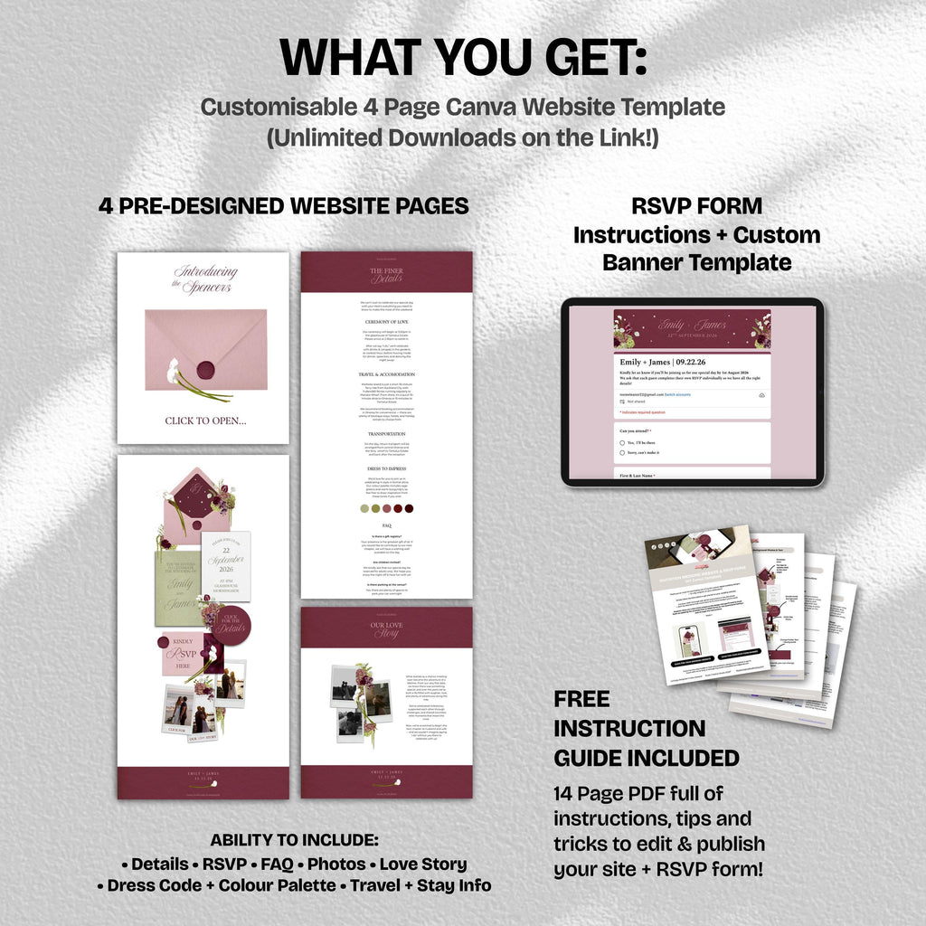 Burgundy, Green & Pink Floral Wedding Website Template with RSVP: Editable Canva Design (Digital Download)